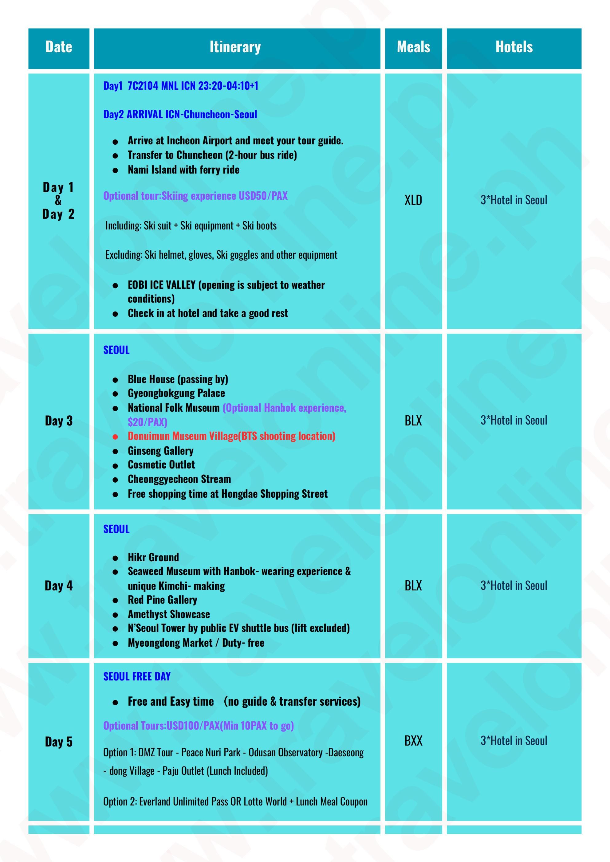 KOREA 6 DAYS 4 NIGHTS ALL IN JOINER GROUP TOUR PACKAGE FROM MANILA PHILIPPINES - AS LOW AS: $559/PAX - TRAVELONLINE itinerary