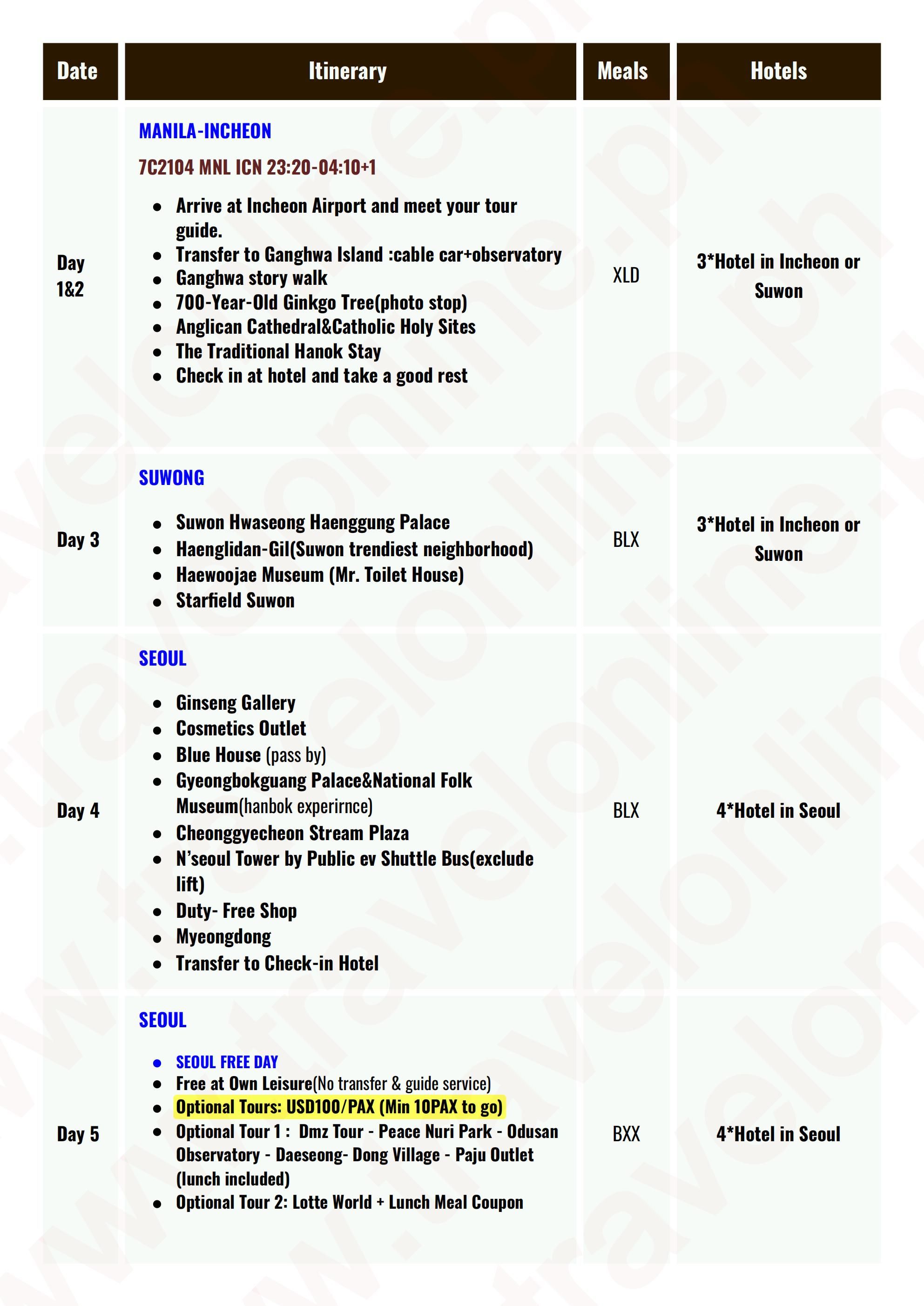 SOUTH KOREA HERITAGE TOUR 6 DAYS 4 NIGHTS ALL IN JOINER GROUP TOUR PACKAGE FROM MANILA PHILIPPINES - AS LOW AS: $685/PAX - TRAVELONLINE itinerary