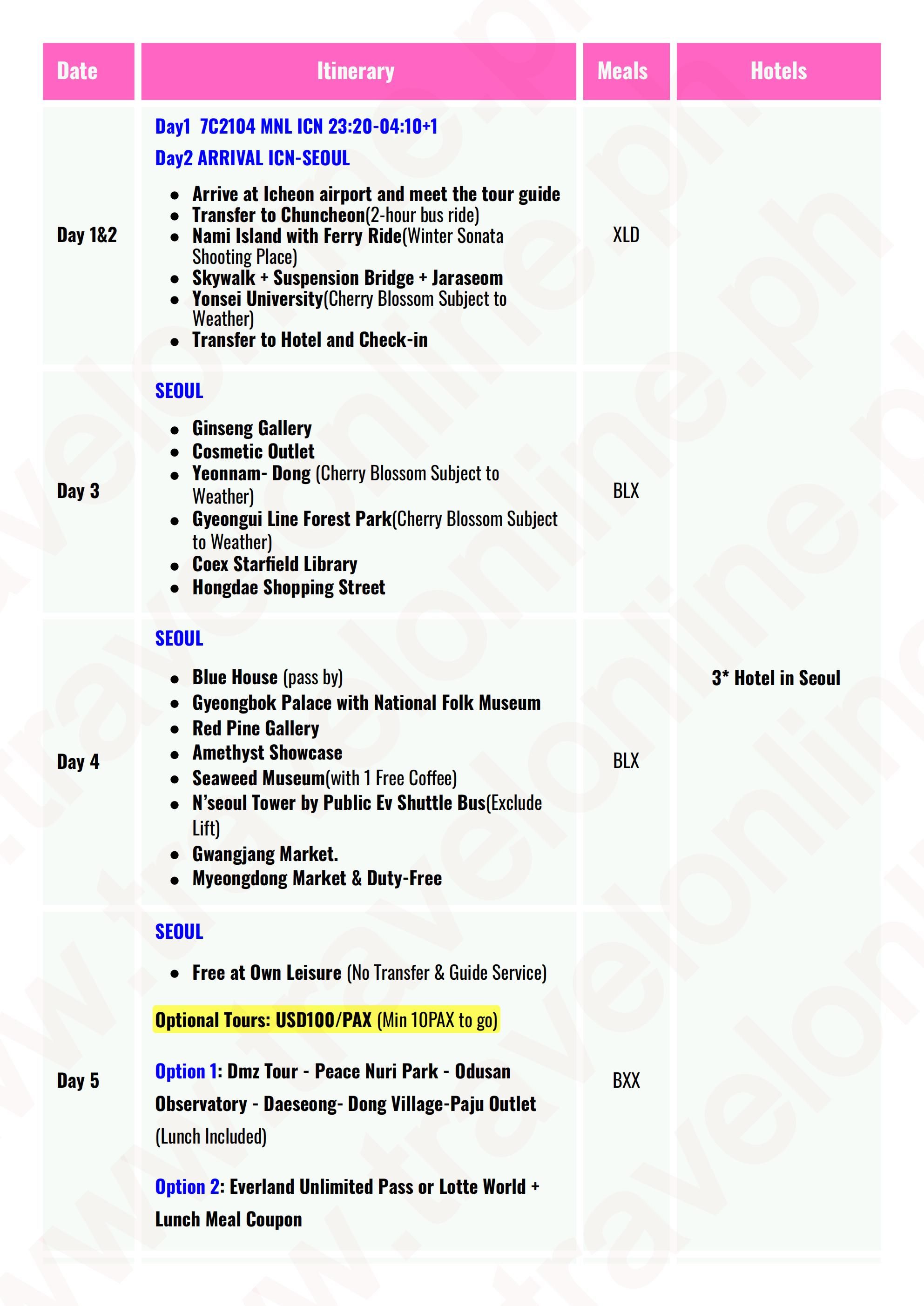 SOUTH KOREA SPRING ESCAPE 6 DAYS 4 NIGHTS ALL IN JOINER GROUP TOUR PACKAGE FROM MANILA PHILIPPINES - AS LOW AS: $549/PAX - TRAVELONLINE itinerary
