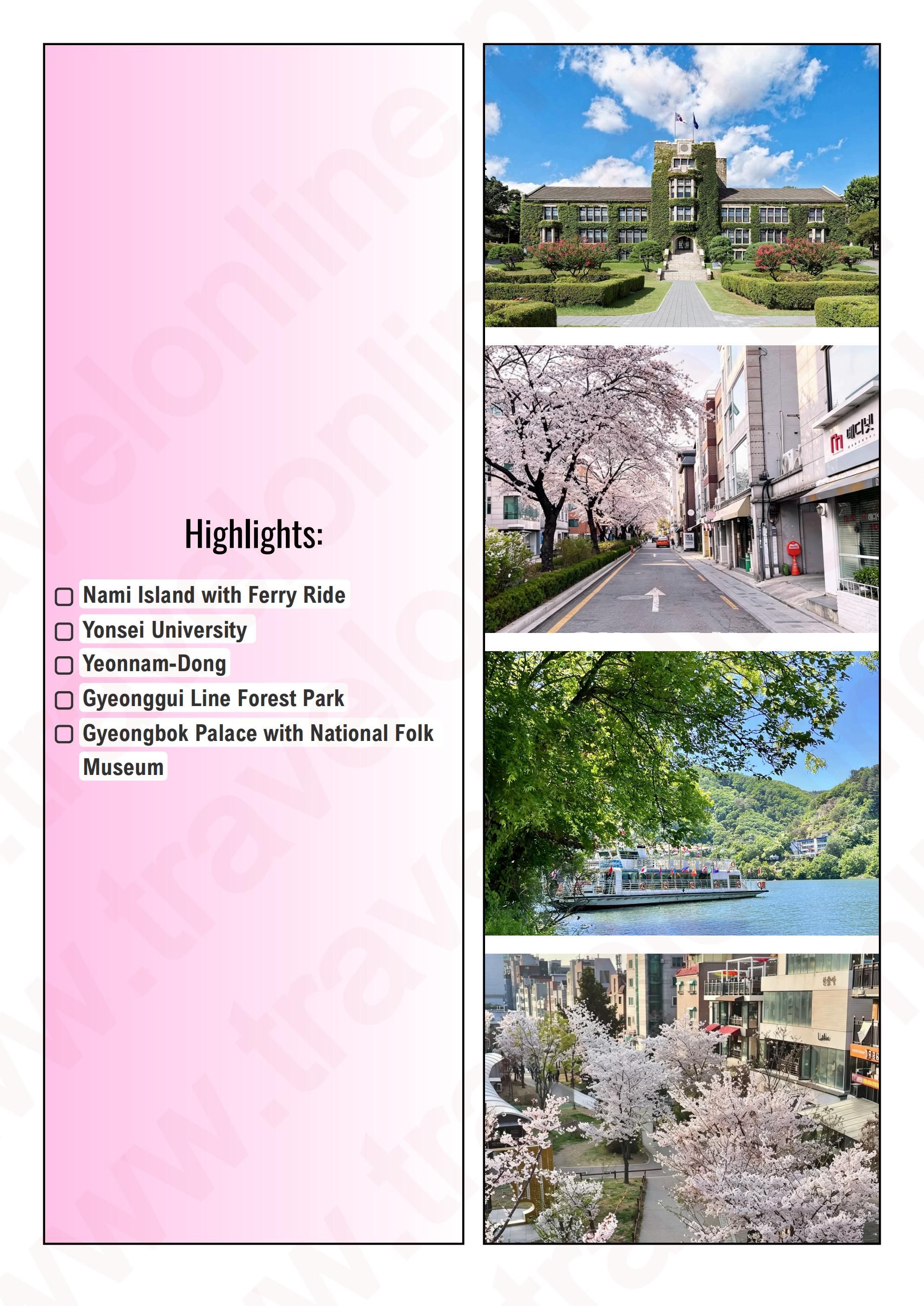 SOUTH KOREA SPRING ESCAPE 6 DAYS 4 NIGHTS ALL IN JOINER GROUP TOUR PACKAGE FROM MANILA PHILIPPINES - AS LOW AS: $549/PAX - TRAVELONLINE itinerary