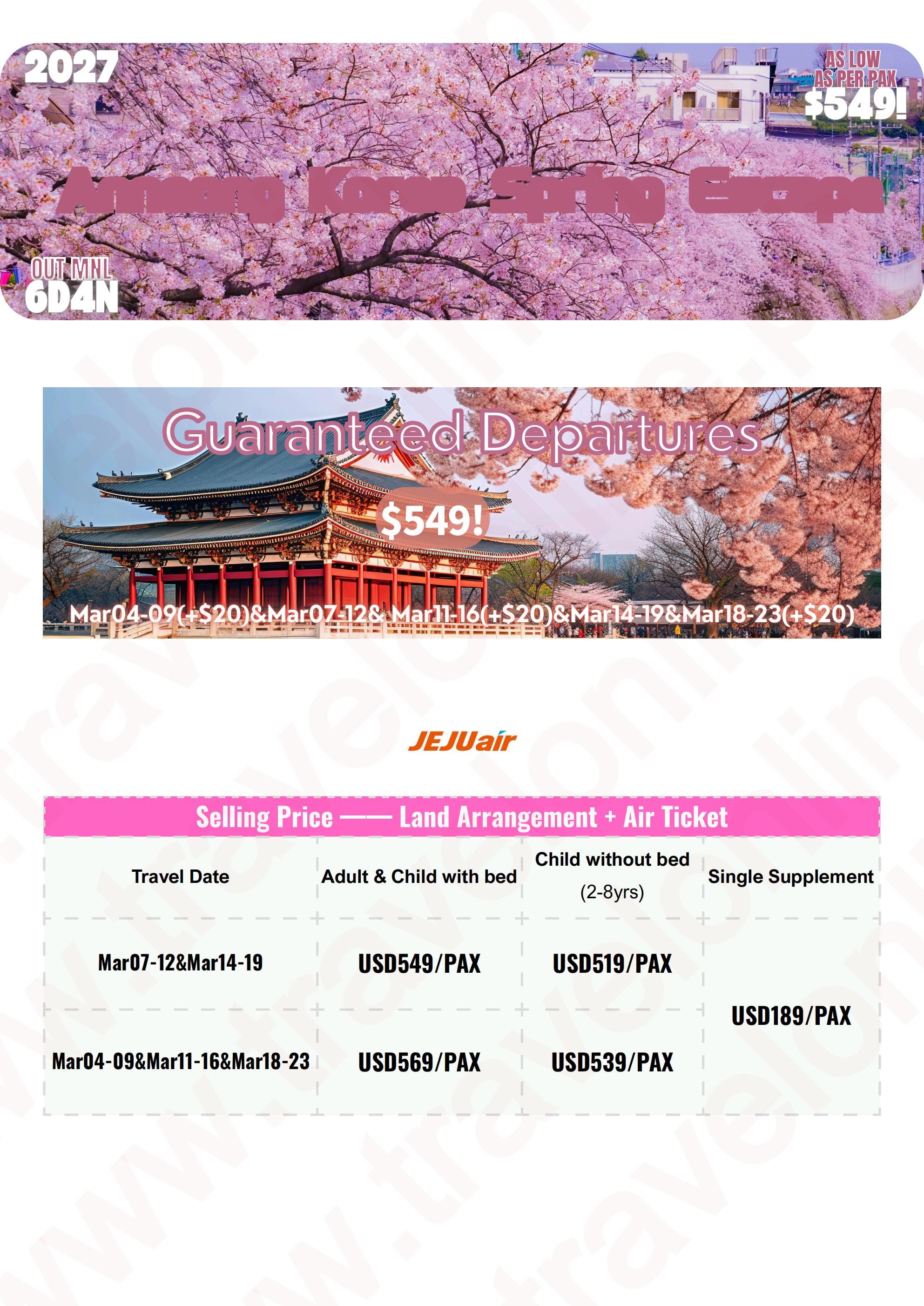 SOUTH KOREA SPRING ESCAPE 6 DAYS 4 NIGHTS ALL IN JOINER GROUP TOUR PACKAGE FROM MANILA PHILIPPINES - AS LOW AS: $549/PAX - TRAVELONLINE itinerary
