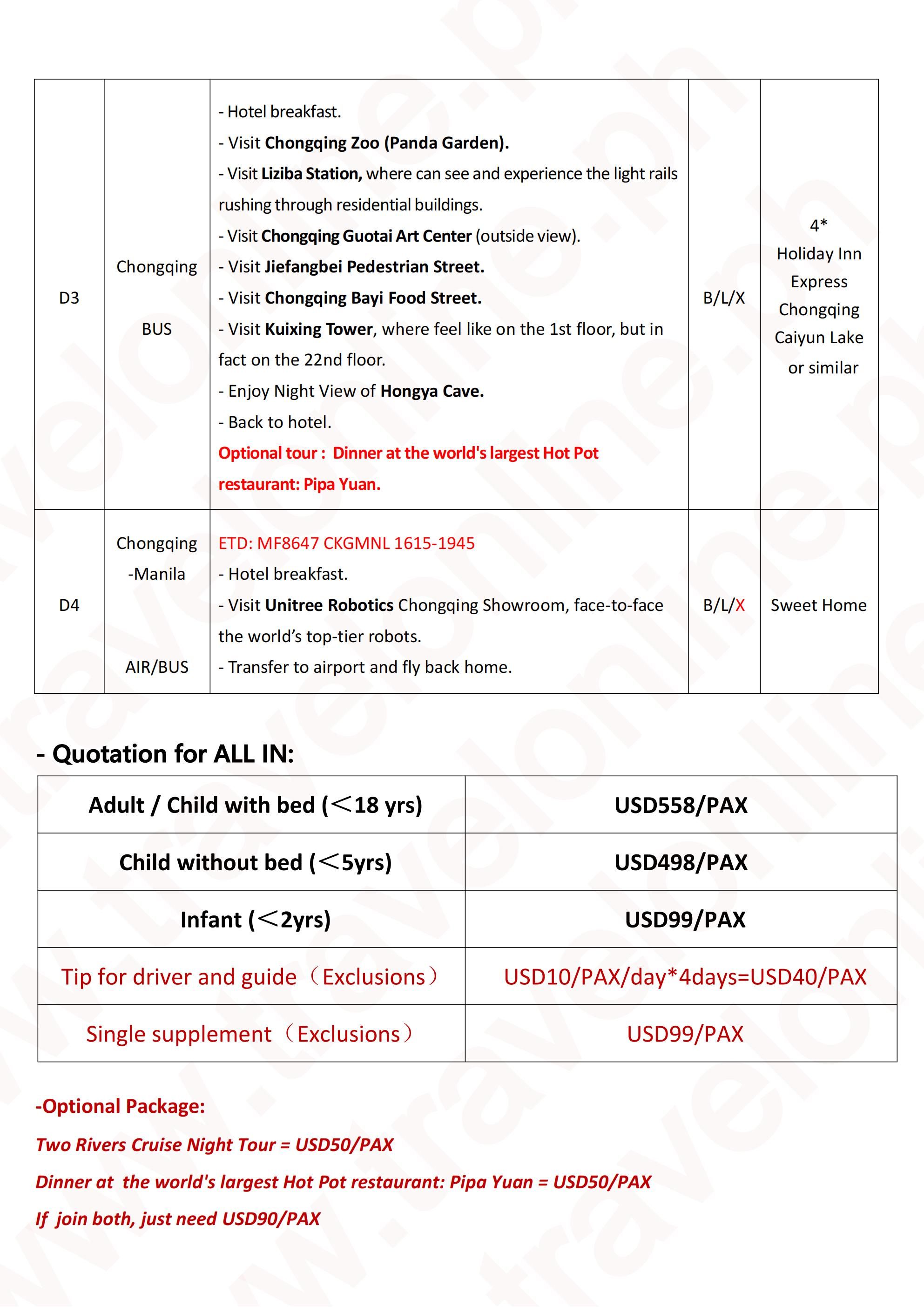 Chongqing Robot 4D3N via MF,2026: AS LOW AS $558/PAX itinerary