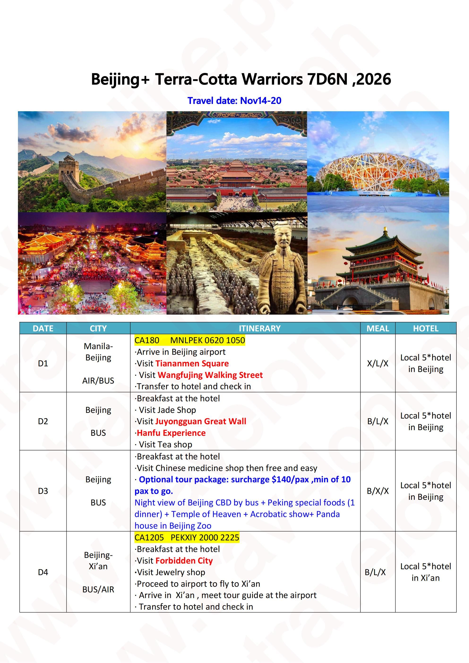 Beijing+ Terra-Cotta Warriors 7D6N ,2026: AS LOW AS $729/PAX itinerary
