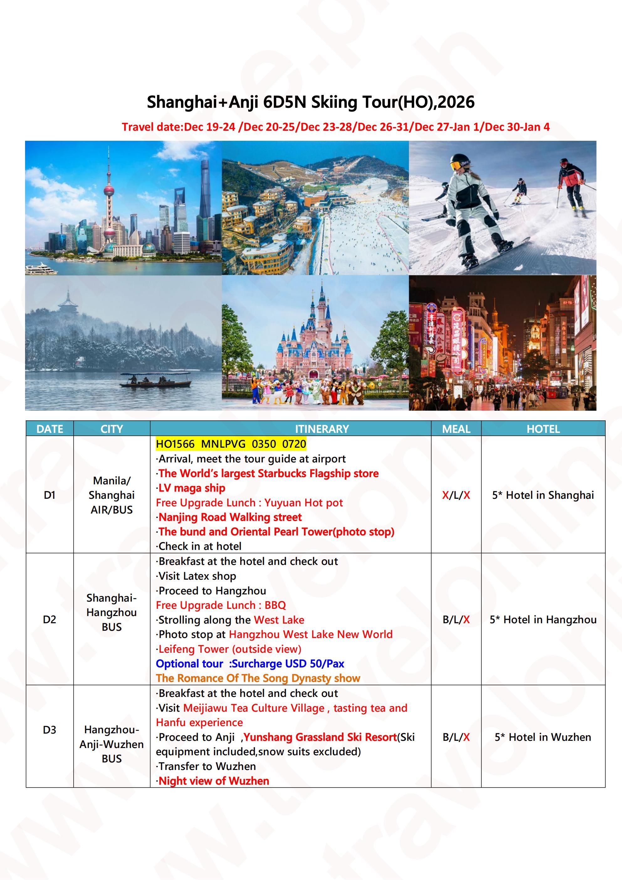 Shanghai+Anji 6D5N Skiing Tour(HO),2026: AS LOW AS $898/PAX itinerary