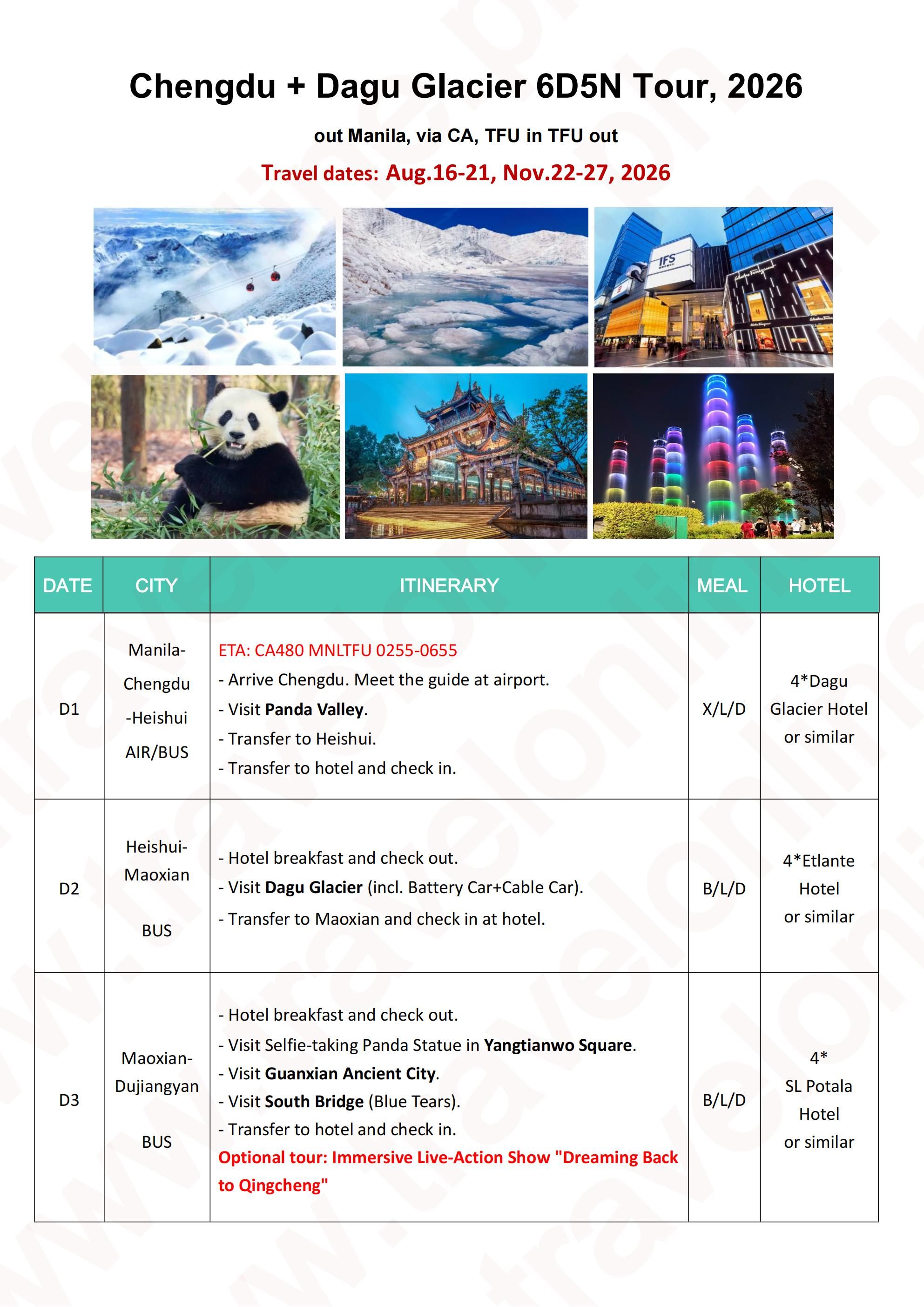 Chengdu + Dagu Glacier 6D5N (CA), TFU in TFU out: AS LOW AS $469/PAX itinerary