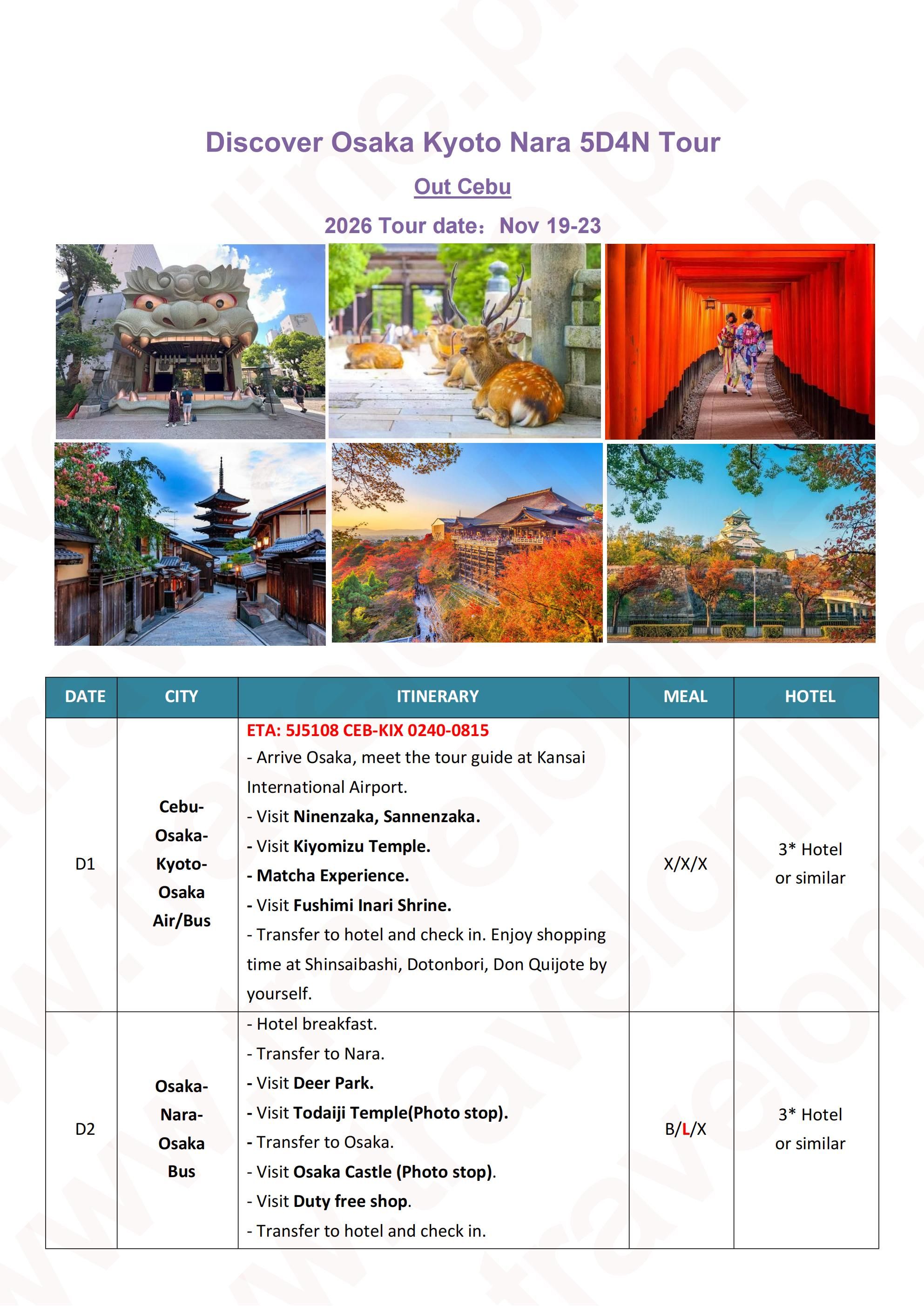 Discover Osaka Kyoto Nara 5D4N Tour, 2026: AS LOW AS $899/PAX itinerary