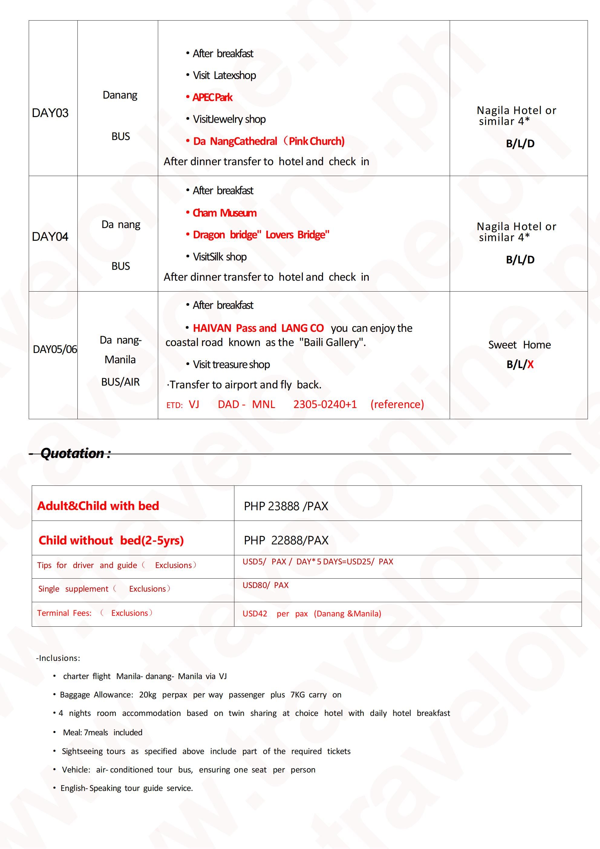 MNL-Danang Charter-VJ -6D4N: AS LOW AS ₱23888/PAX itinerary