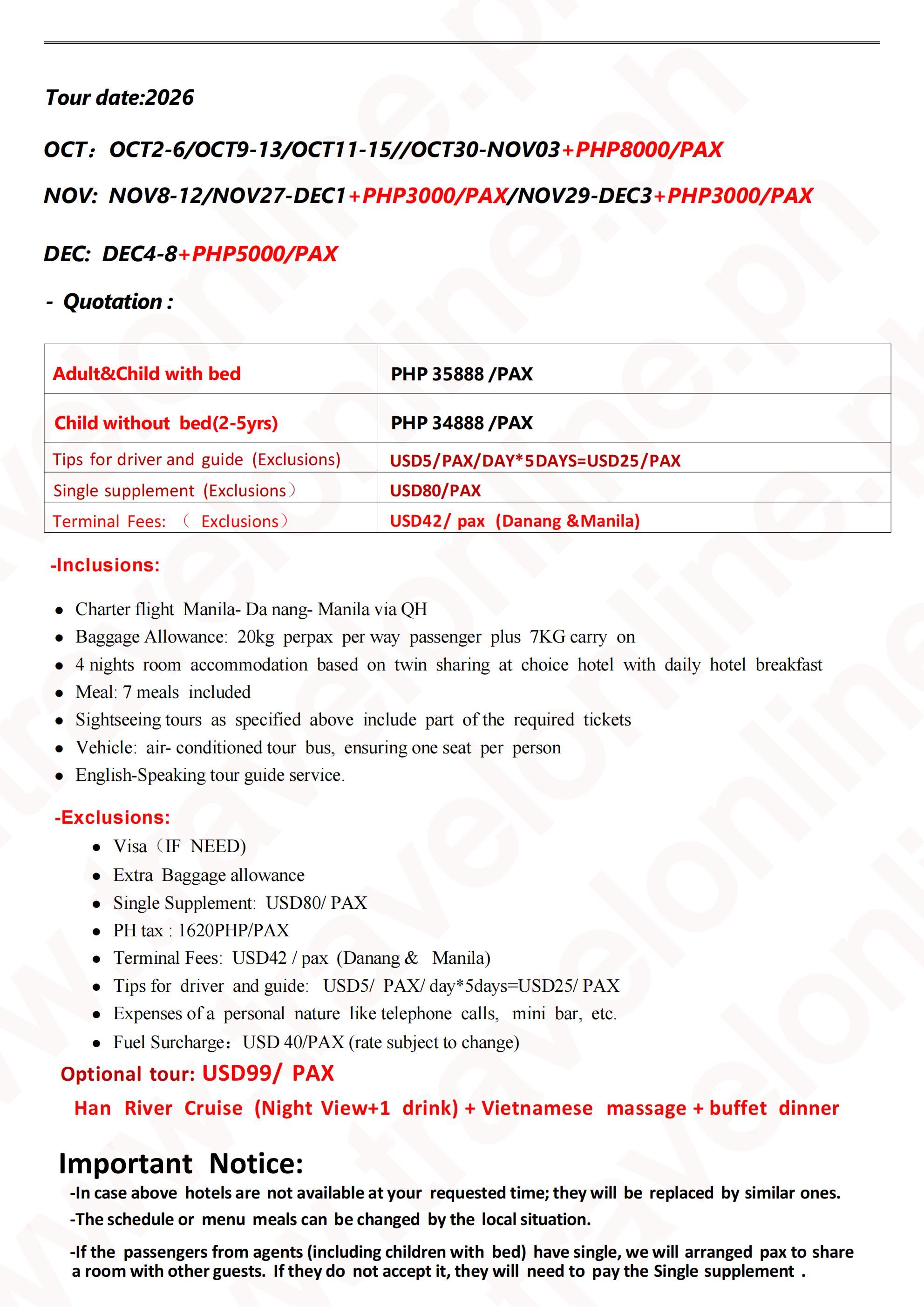 Manila-Danang-Hue-6D4N-Charter fight-QH(No-Shopping): AS LOW AS ₱35888/PAX itinerary
