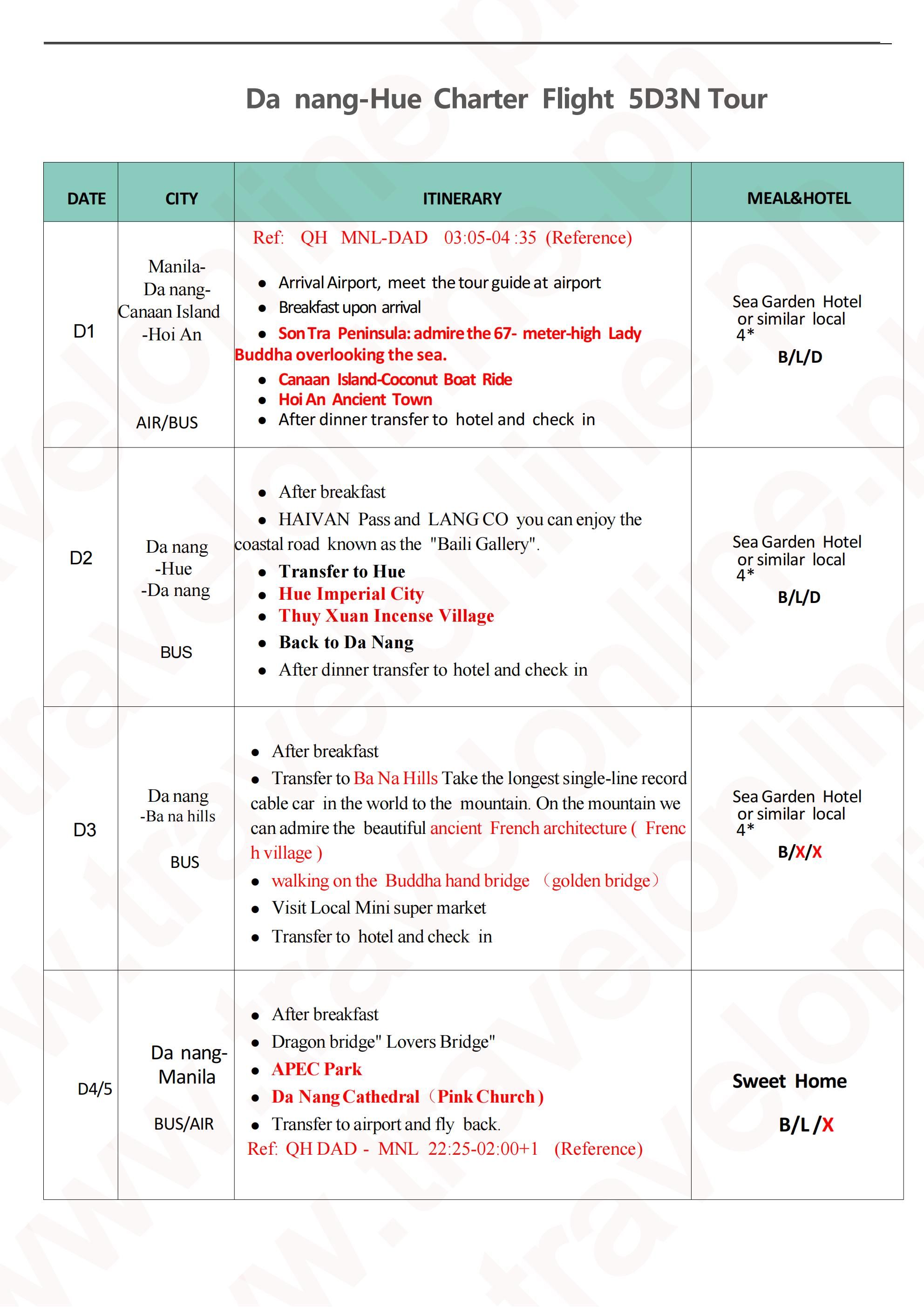 Manila-Danang-Hue-5D3N-Charter fight-QH(No-Shopping): AS LOW AS ₱31999/PAX itinerary