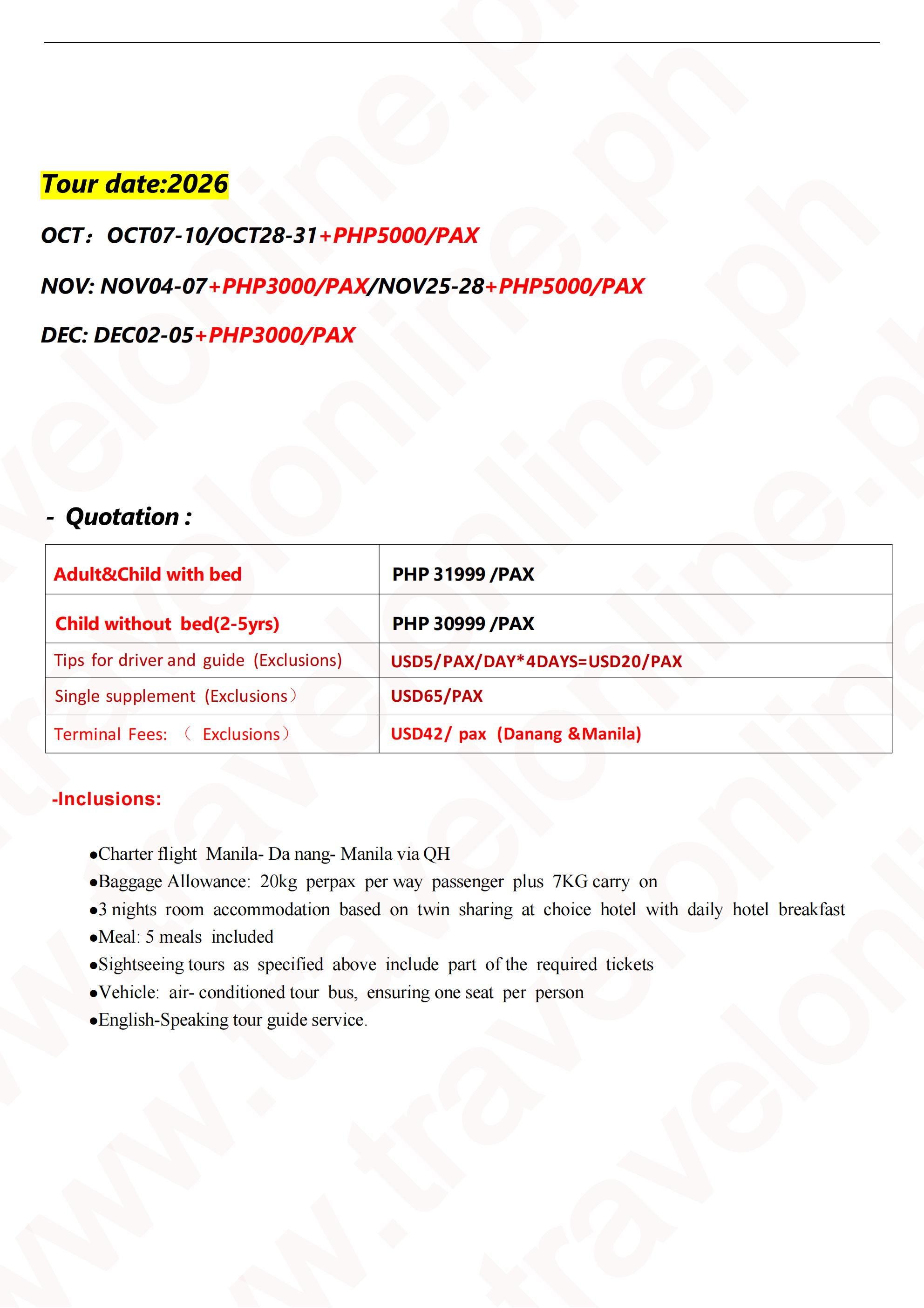 Manila-Danang-Hue-5D3N-Charter fight-QH(No-Shopping): AS LOW AS ₱31999/PAX itinerary