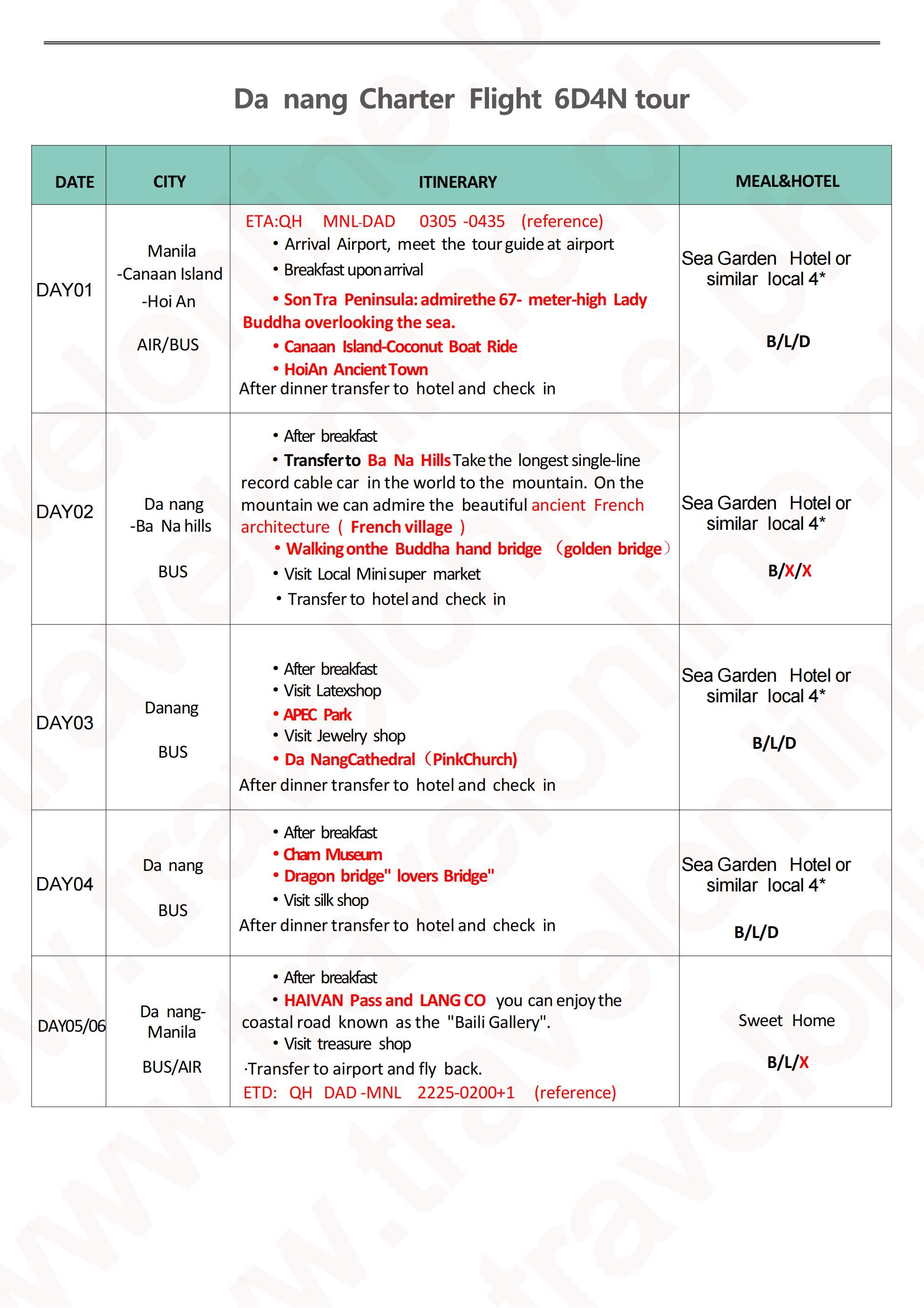 Manila-Danang-6D4N-Charter flight-QH: AS LOW AS ₱24888/PAX itinerary