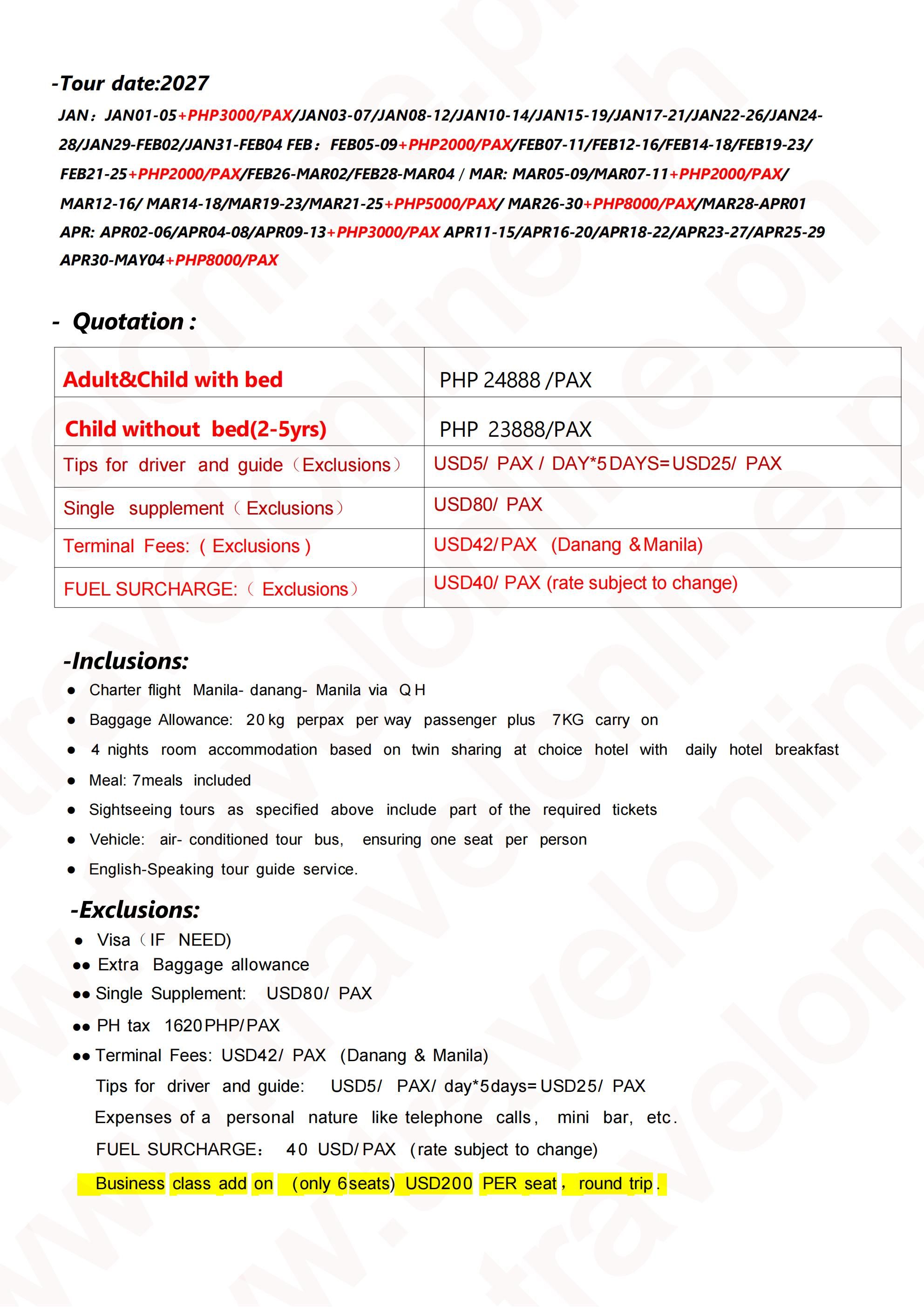 Manila-Danang-6D4N-Charter flight-QH: AS LOW AS ₱24888/PAX itinerary