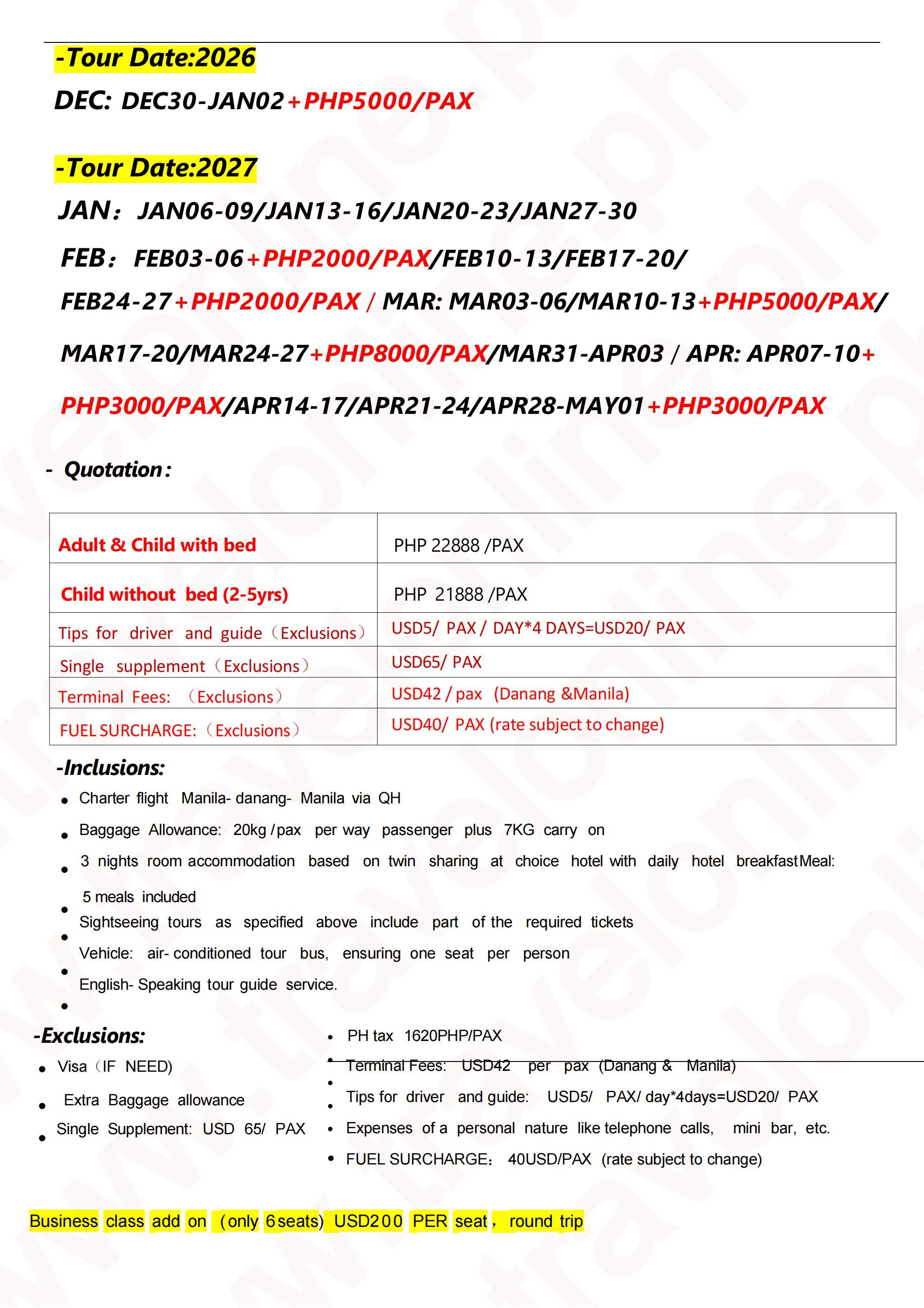 Manila-Danang-5D3N-Charter fight-QH: AS LOW AS ₱22888/PAX itinerary