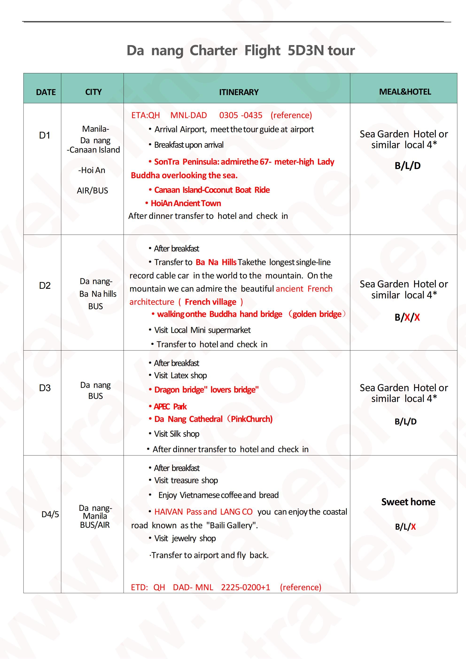 Manila-Danang-5D3N-Charter fight-QH: AS LOW AS ₱22888/PAX itinerary