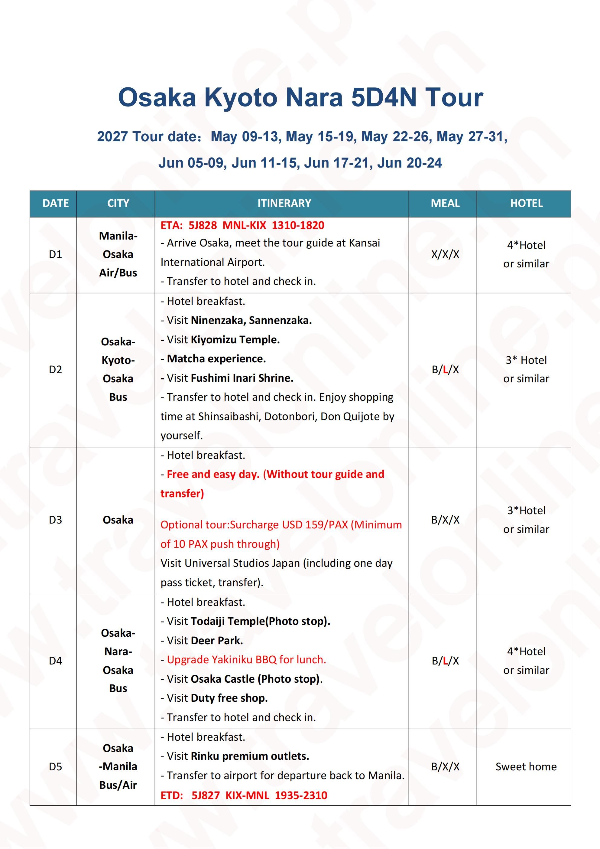 Osaka+Kyoto+Nara 5D4N （3 in 1 ）2027: AS LOW AS $859/PAX itinerary
