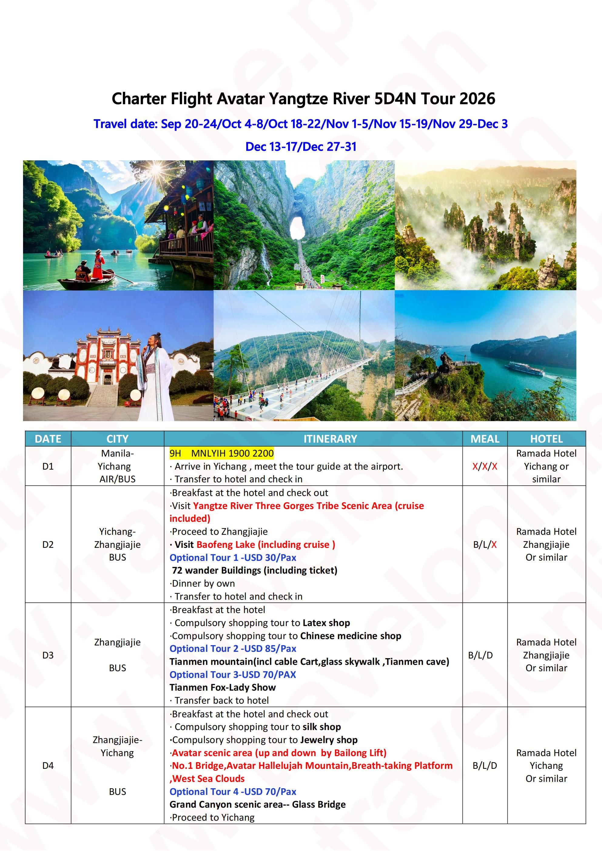Charter Flight Avatar Yangtze River 5D4N Tour 2026: AS LOW AS  $359/PAX itinerary