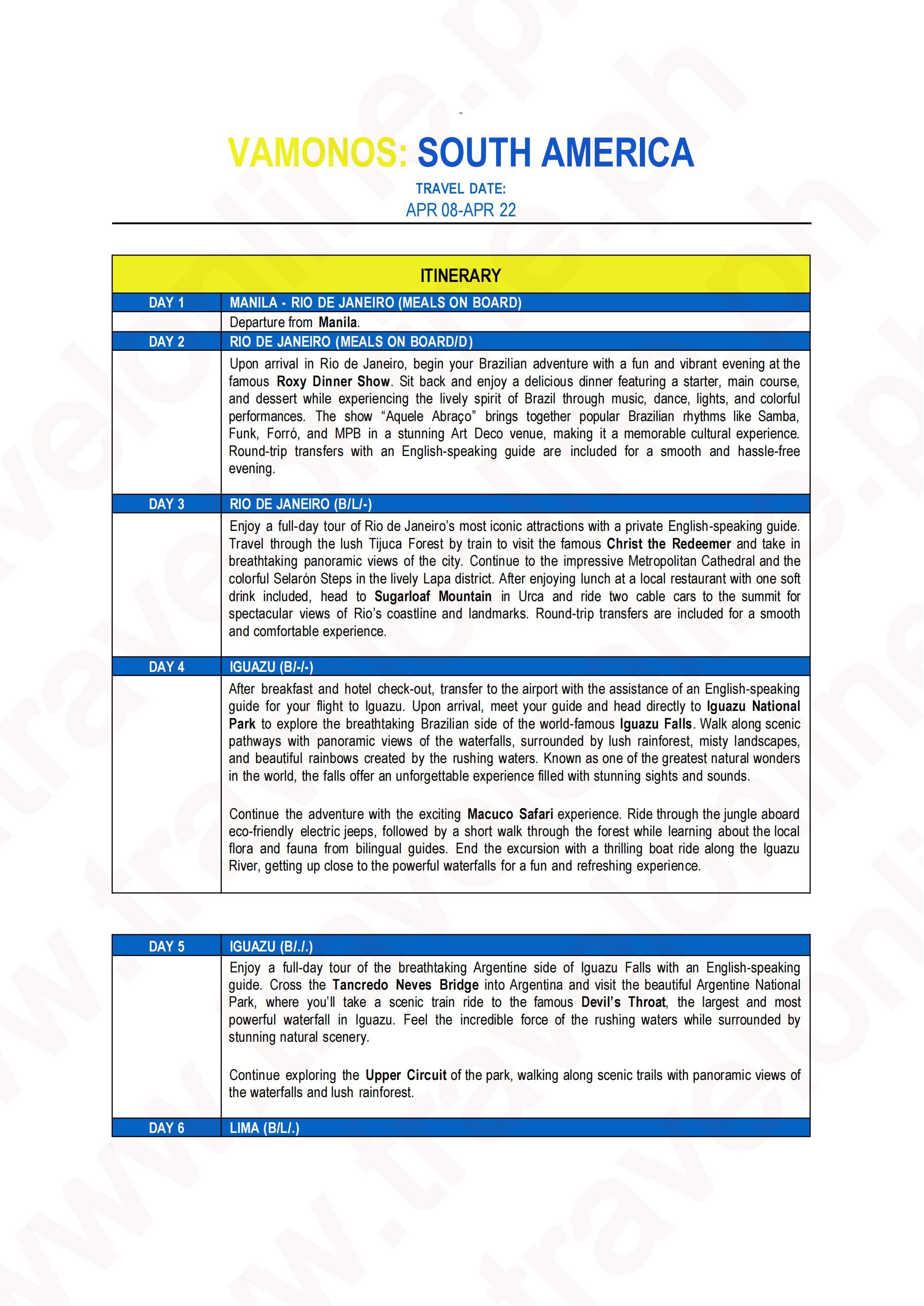 SOUTH AMERICA (Vamonos Lite) 2027: AS LOW AS $10888/PAX itinerary