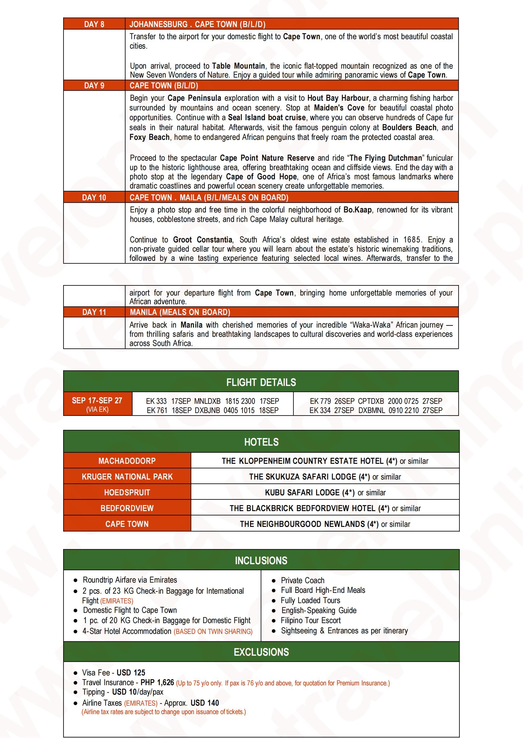AFRICA (Waka waka_ with Kruger National Park) 2026: AS LOW AS $3988/PAX itinerary