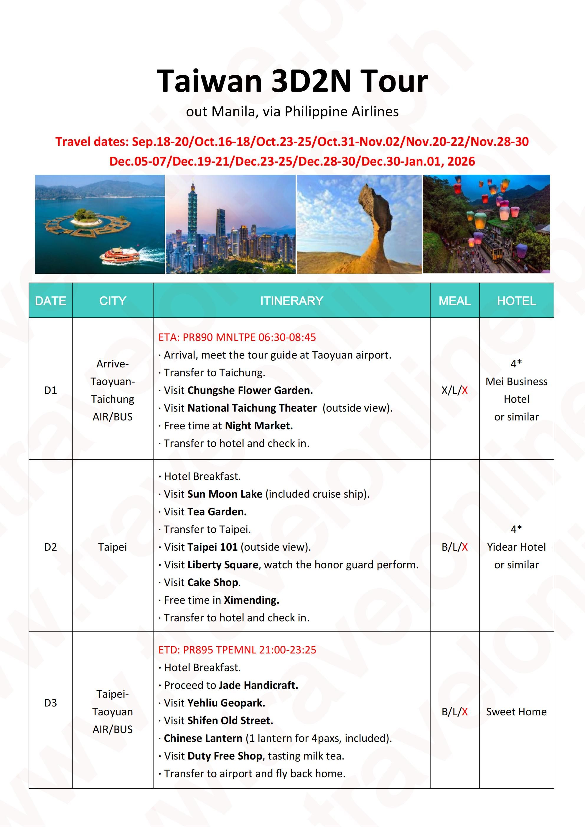 Taiwan 3D2N (PR), 2026: AS LOW AS $468/PAX itinerary