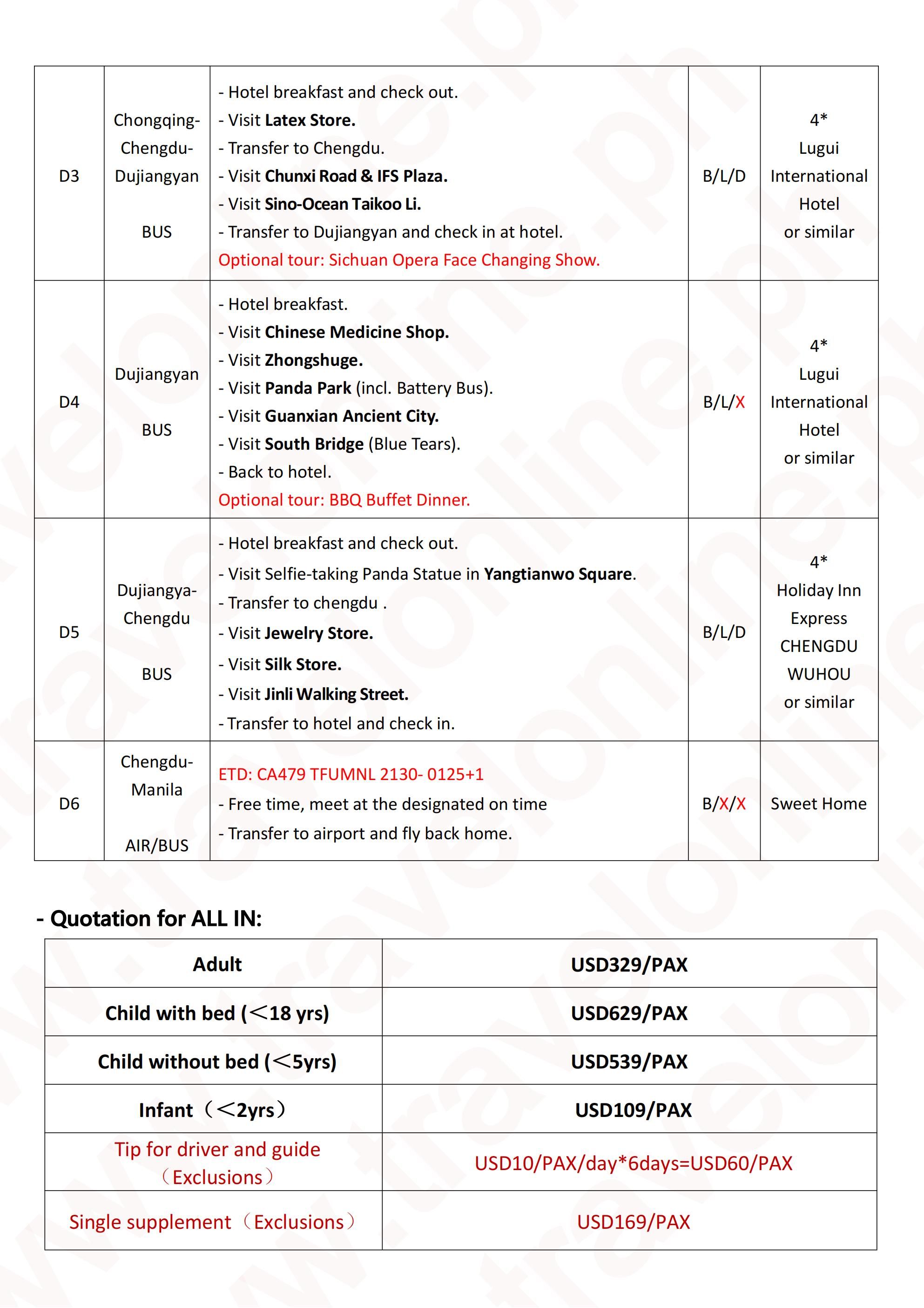 Chongqing+Chengdu 6D5N (CA), 2026 -TFU in TFU out: AS LOW AS $329/PAX itinerary