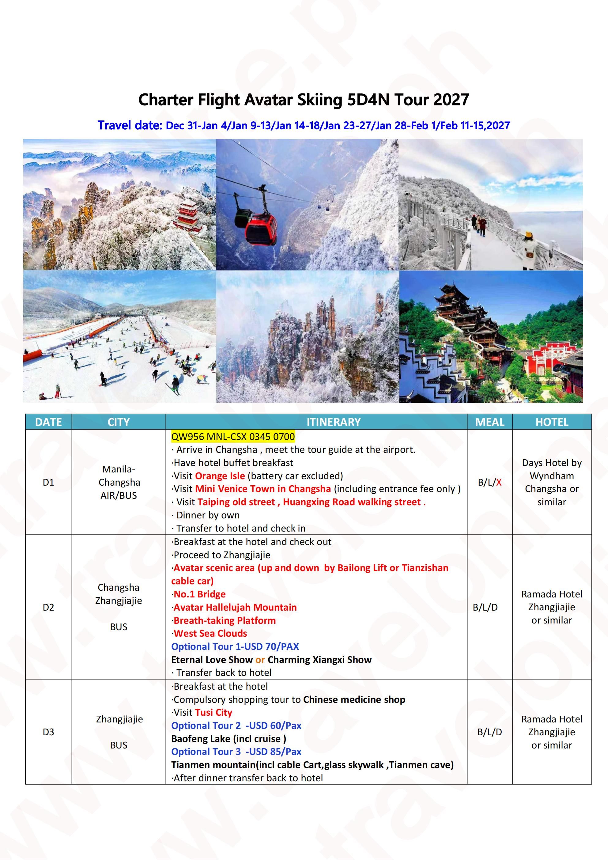 Charter Flight Avatar Skiing 5D4N Tour 2027: AS LOW AS $499/PAX itinerary