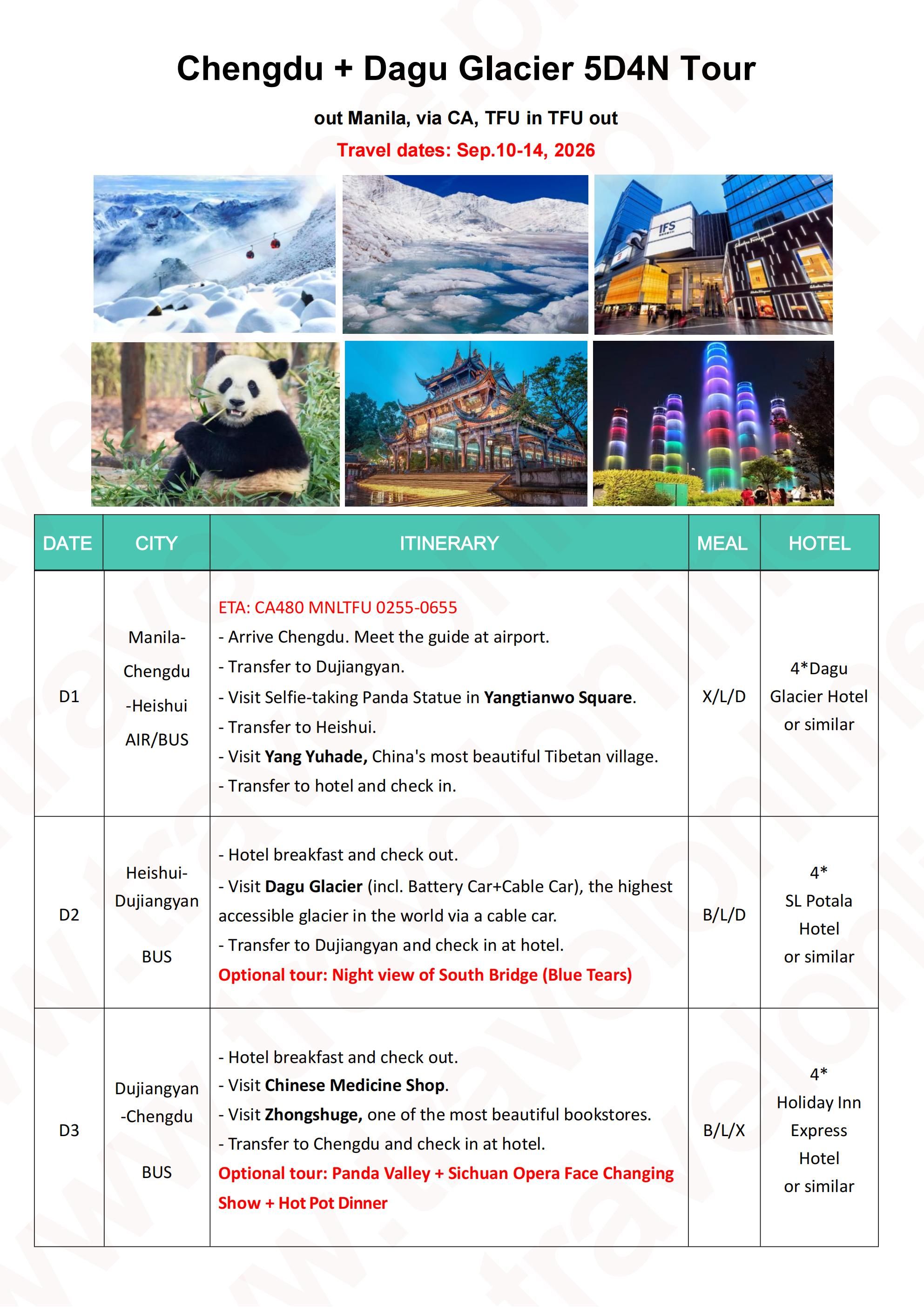 Chengdu + Dagu Glacier 5D4N via CA: AS LOW AS $458/PAX itinerary