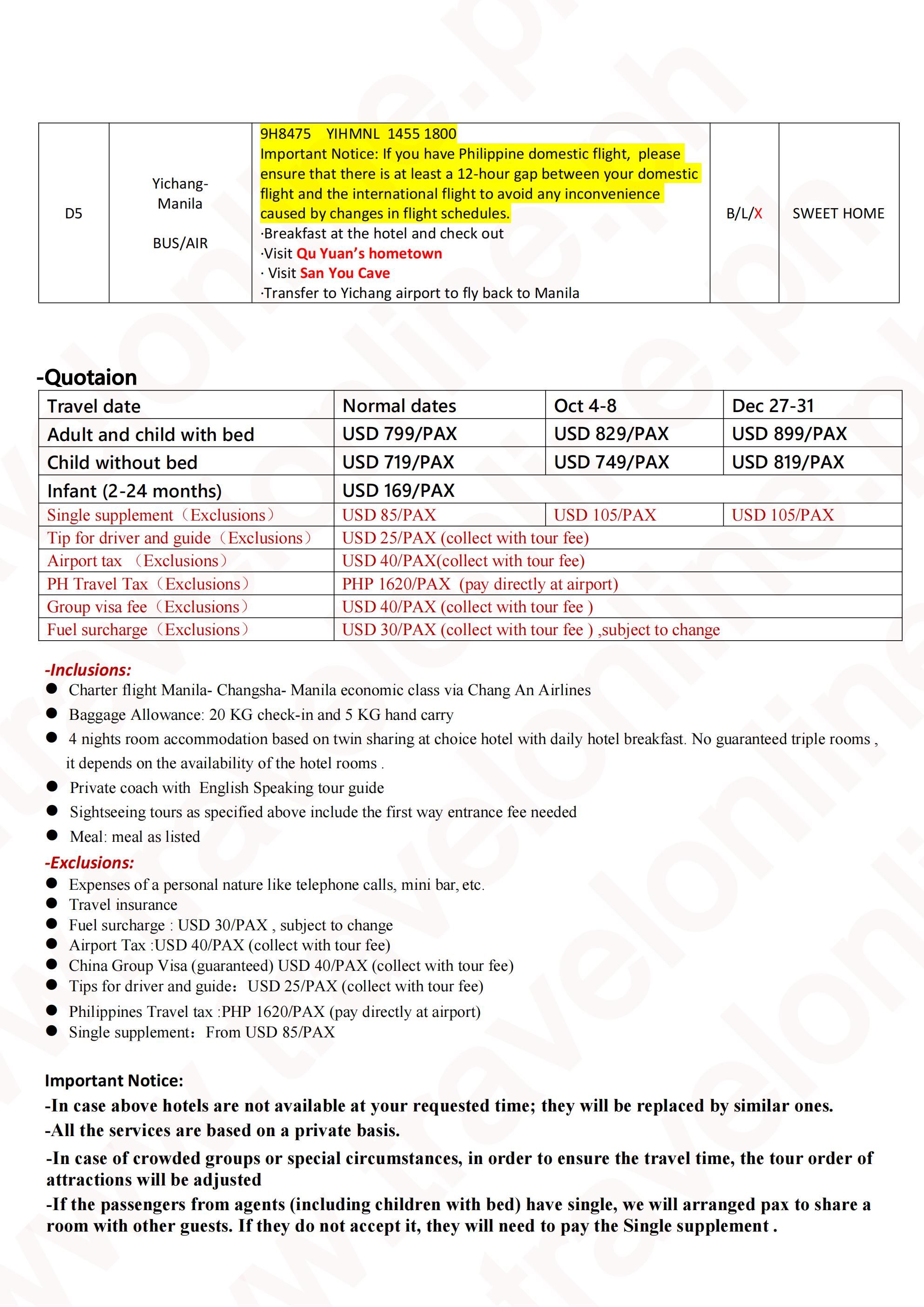 Charter Flight Avatar Yangtze River 5D4N No Shopping Tour: AS LOW AS $799/PAX itinerary