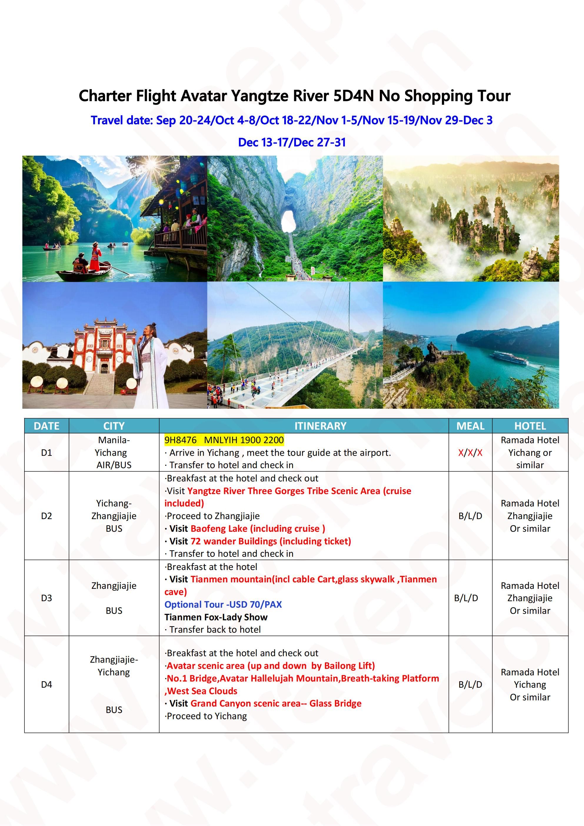 Charter Flight Avatar Yangtze River 5D4N No Shopping Tour: AS LOW AS $799/PAX itinerary
