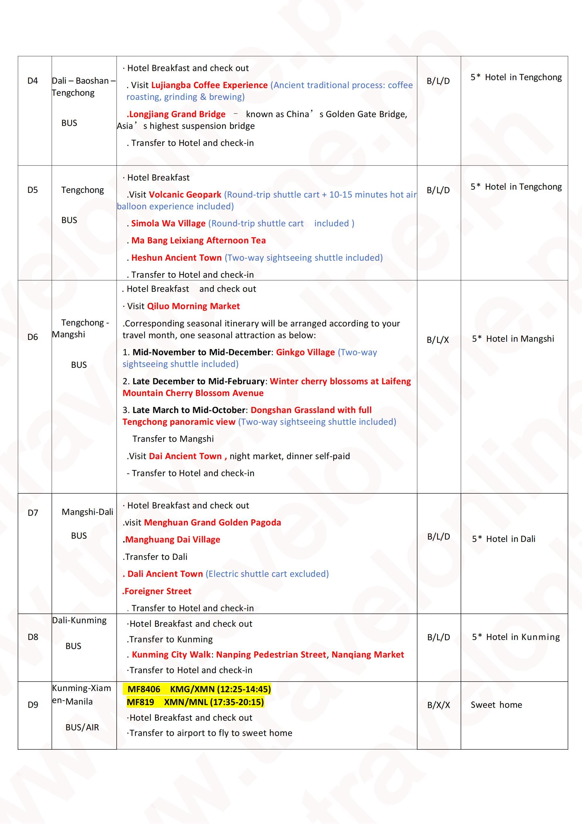 New Yunnan(Tengchong) 9D8N Tour: AS LOW AS $1588/PAX itinerary