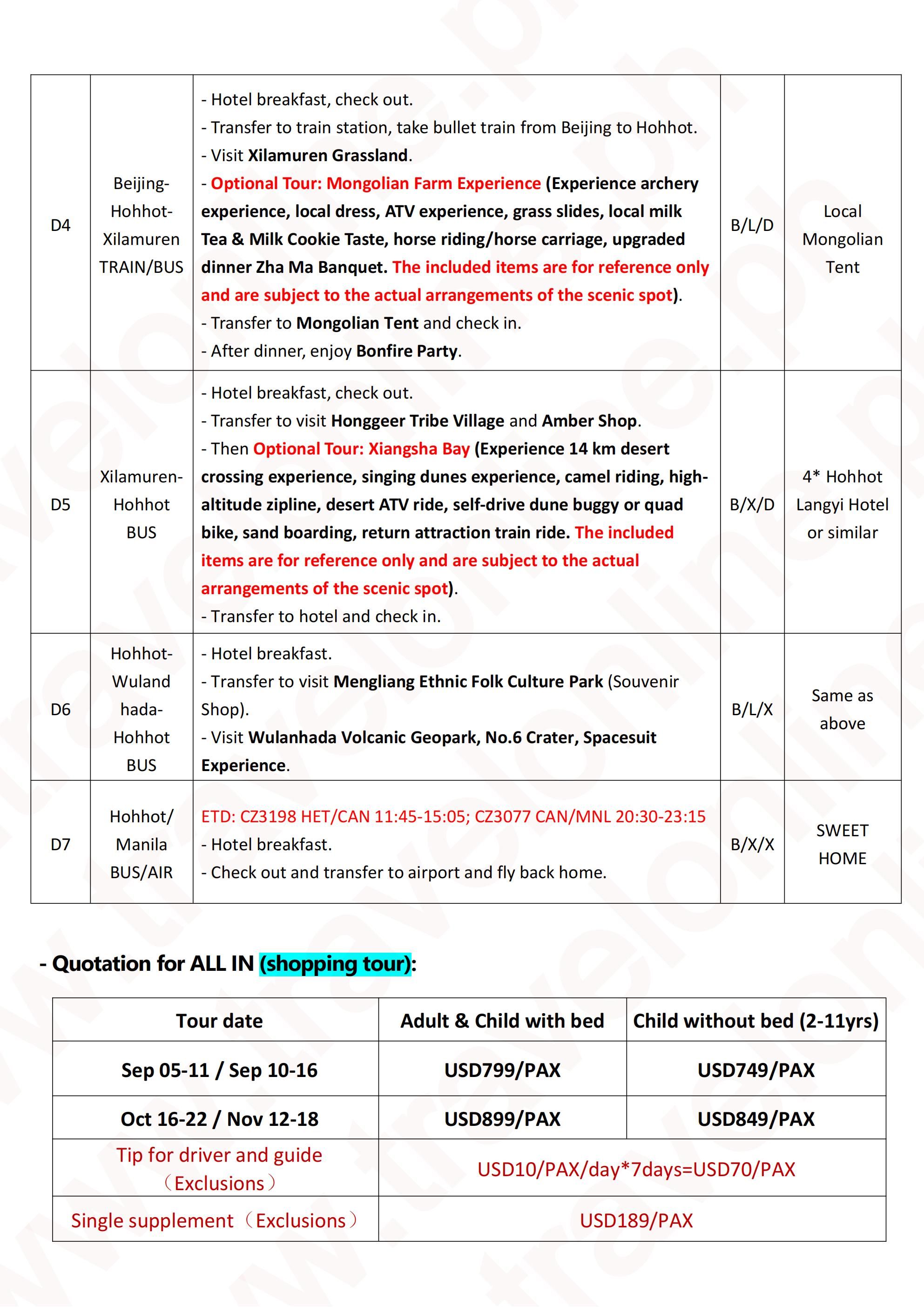 Beijing-Inner Mongolia 7D6N Tour, 2026: AS LOW AS $799/PAX itinerary