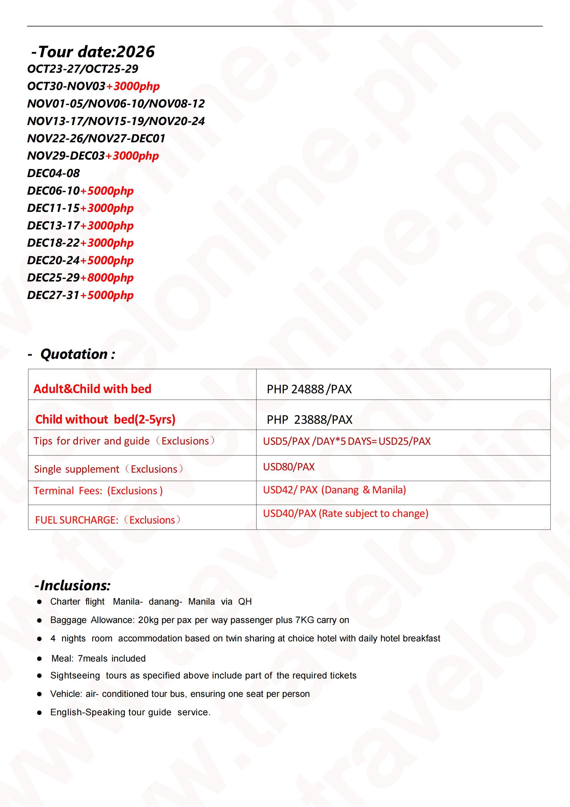 Da Nang Charter Flight Bamboo 6D4N tour,2026A: AS LOW AS ₱24888/PAX itinerary