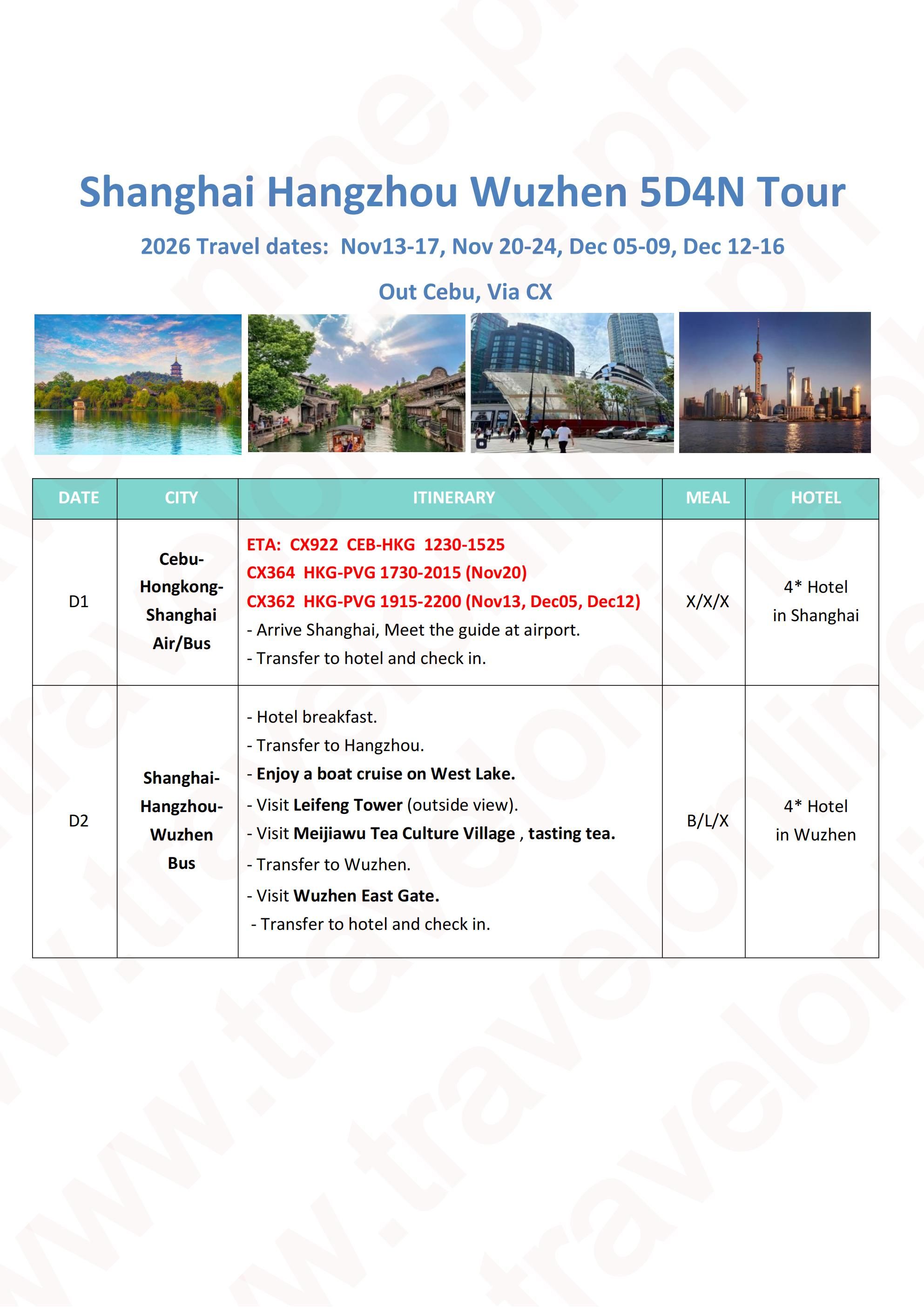 Shanghai Hangzhou Wuzhen 5D4N Tour: AS LOW AS $569/PAX itinerary