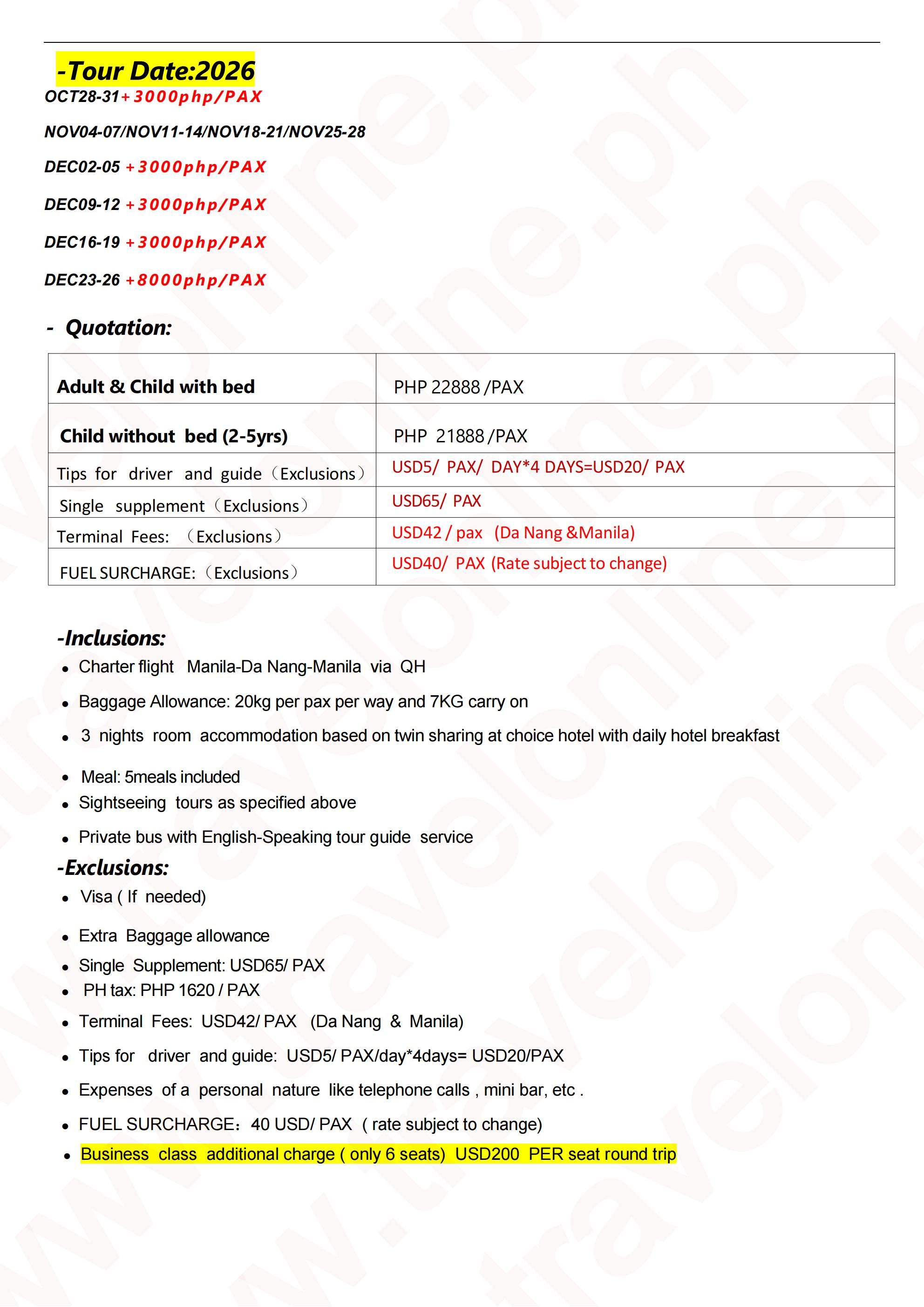 MNL-Danang-Charter Flight Bamboo 5D3N tour, 2026B: AS LOW AS ₱22888/PAX itinerary