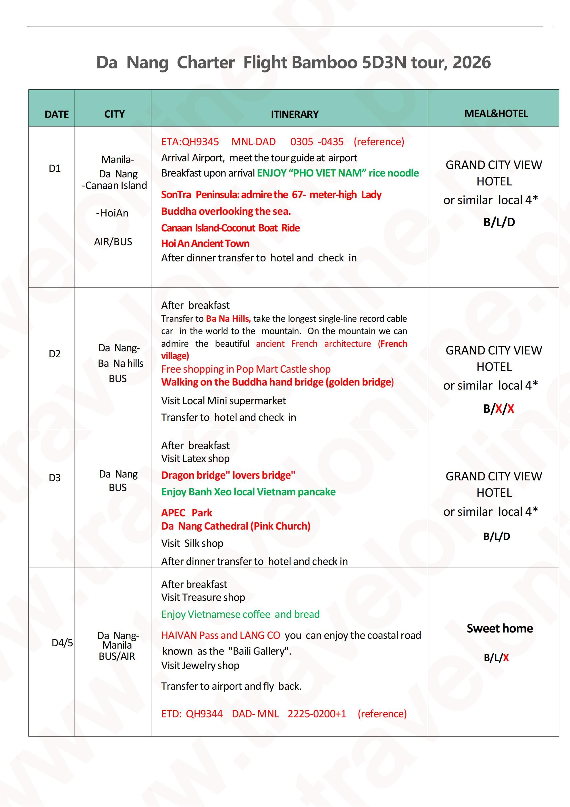 MNL-Danang-Charter Flight Bamboo 5D3N tour, 2026B: AS LOW AS ₱22888/PAX itinerary