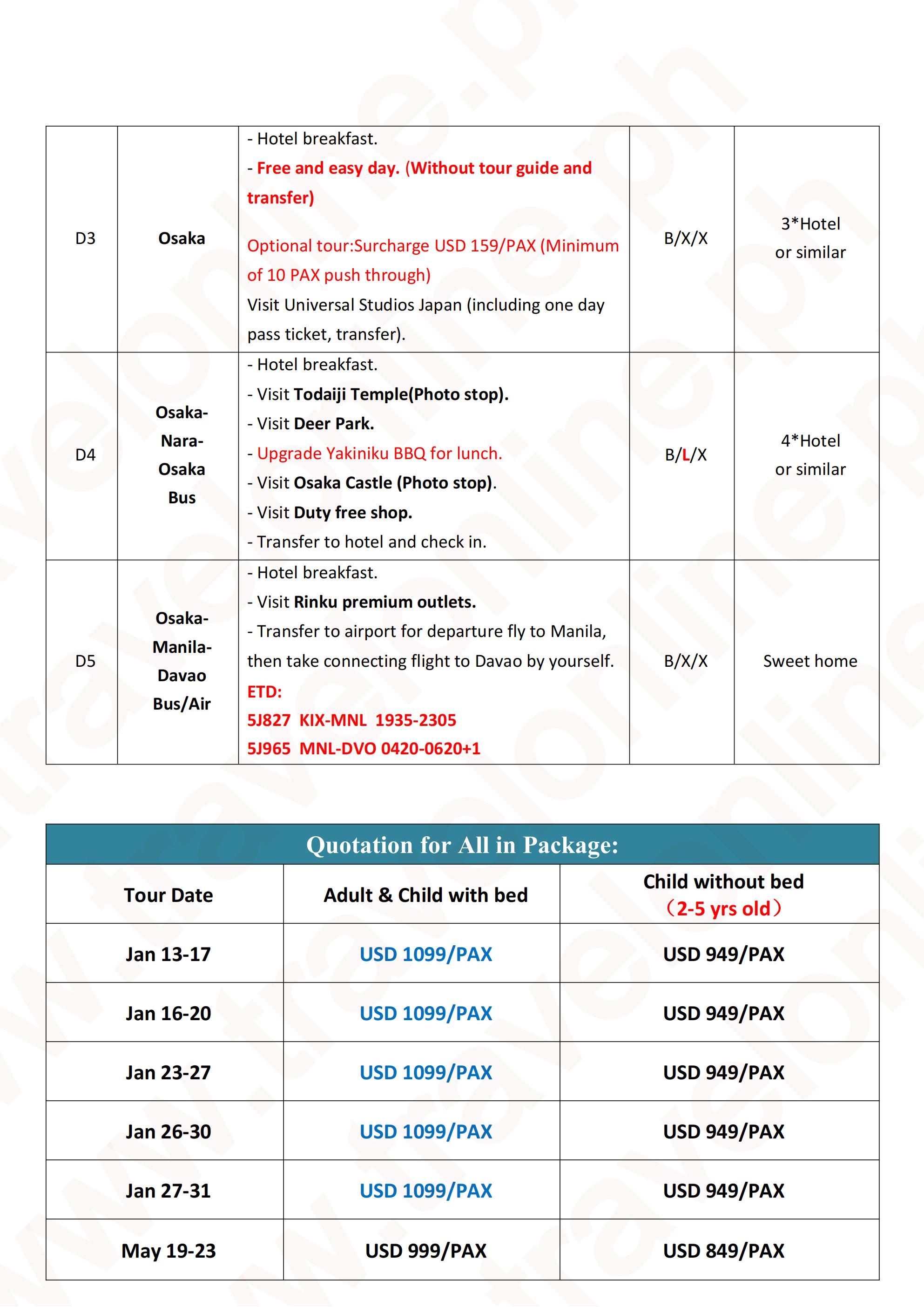 Osaka+Kyoto+Nara 5D4N （2027，Via 5J: AS LOW AS $999/PAX itinerary