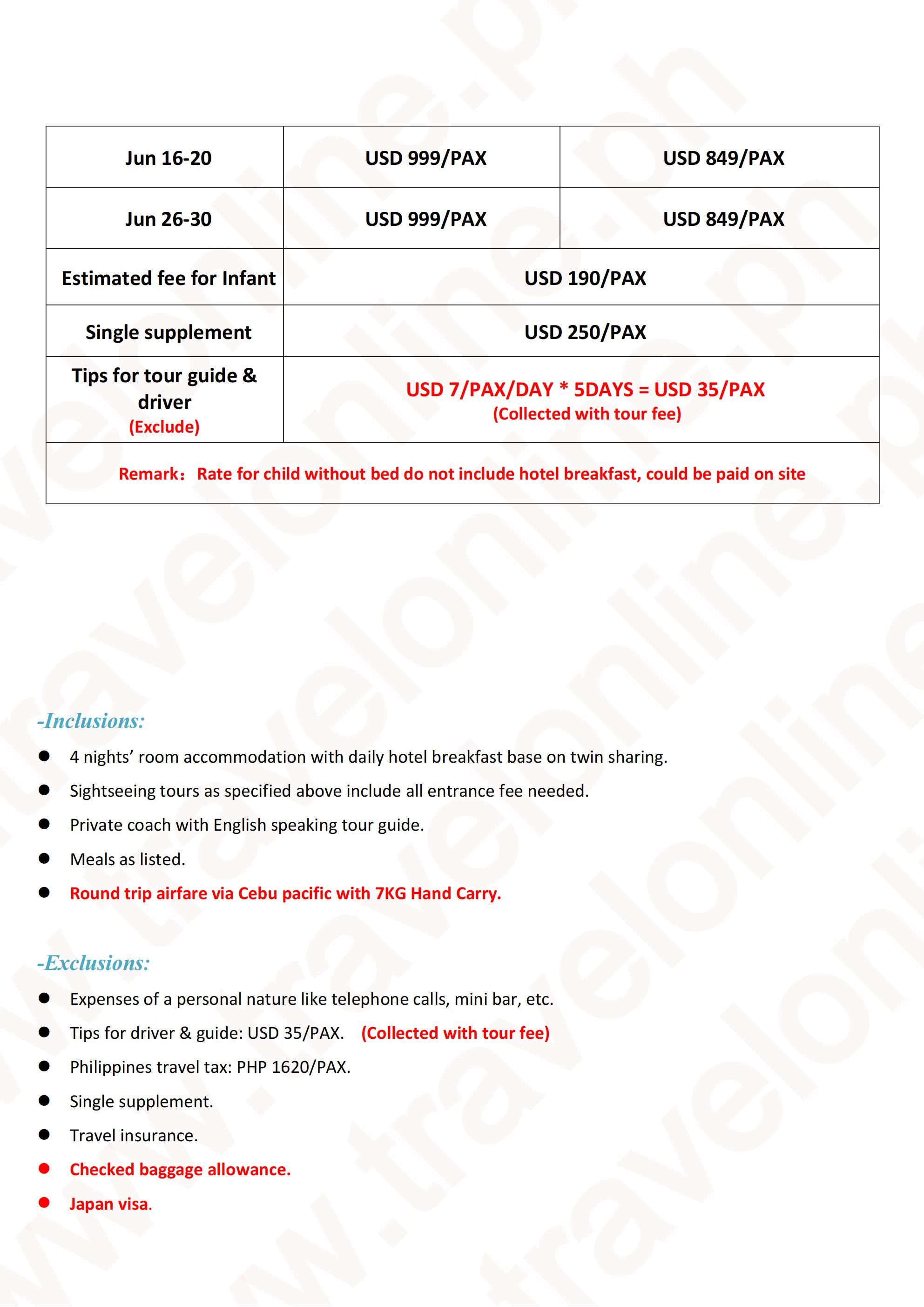 Osaka+Kyoto+Nara 5D4N （2027，Via 5J: AS LOW AS $999/PAX itinerary