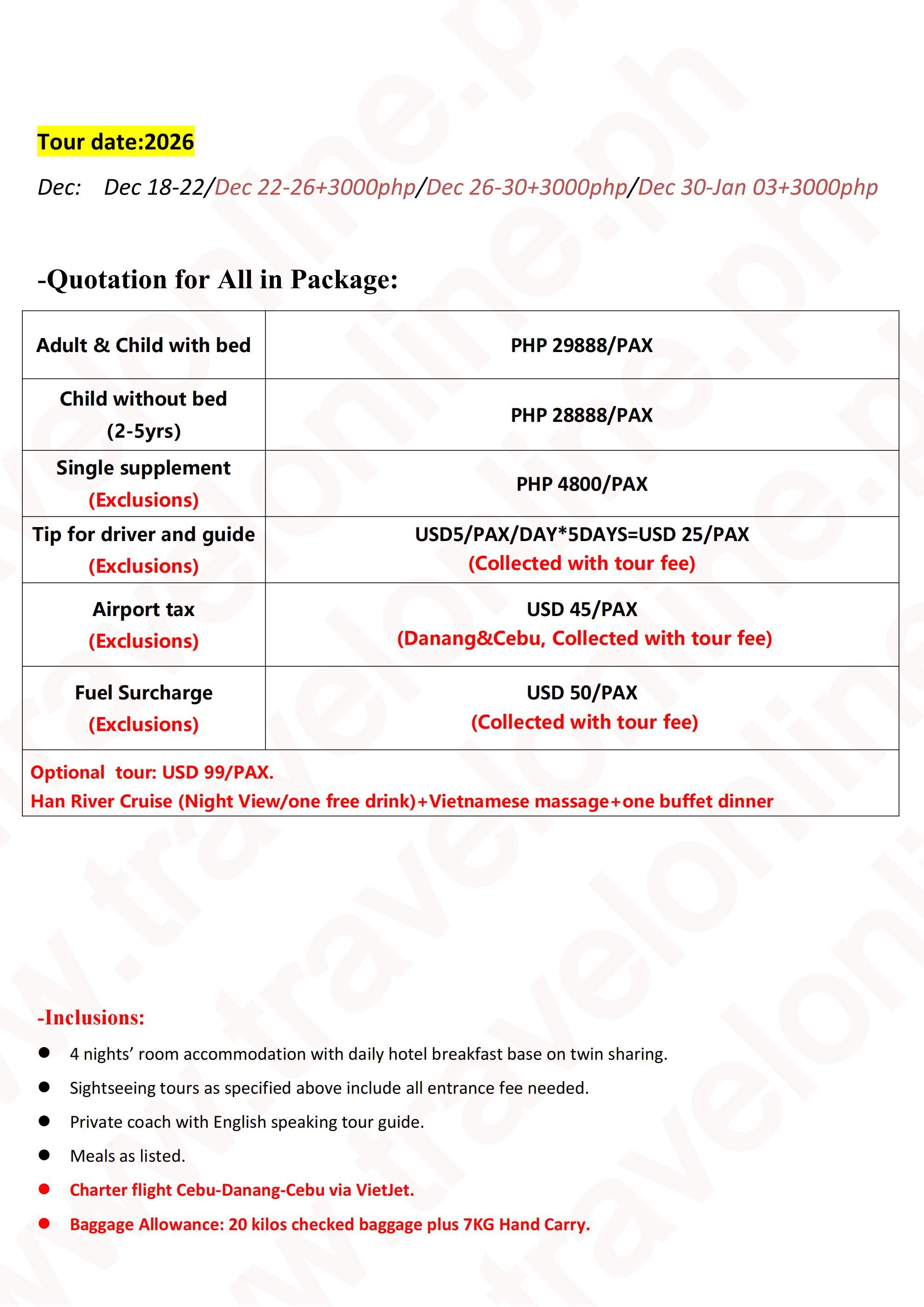 Cebu+Da nang Charter Flight 5D4N,2026: AS LOW AS ₱29888/PAX itinerary
