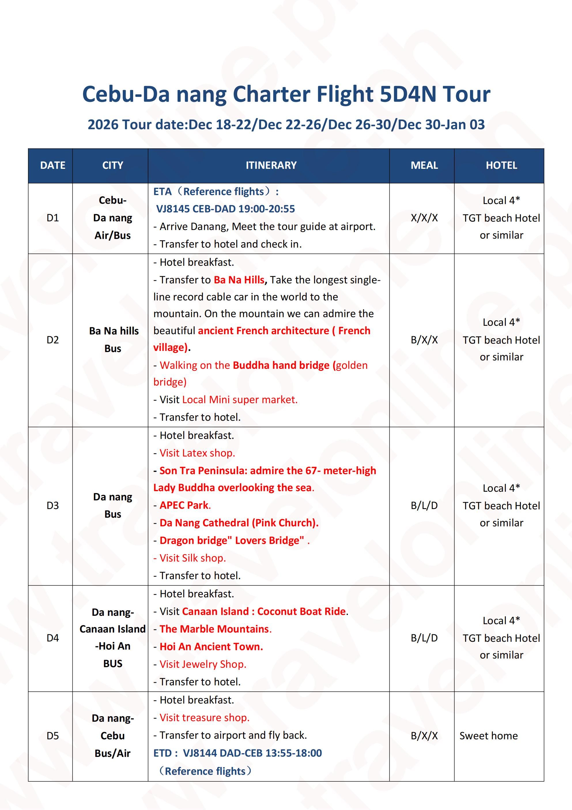 Cebu+Da nang Charter Flight 5D4N,2026: AS LOW AS ₱29888/PAX itinerary