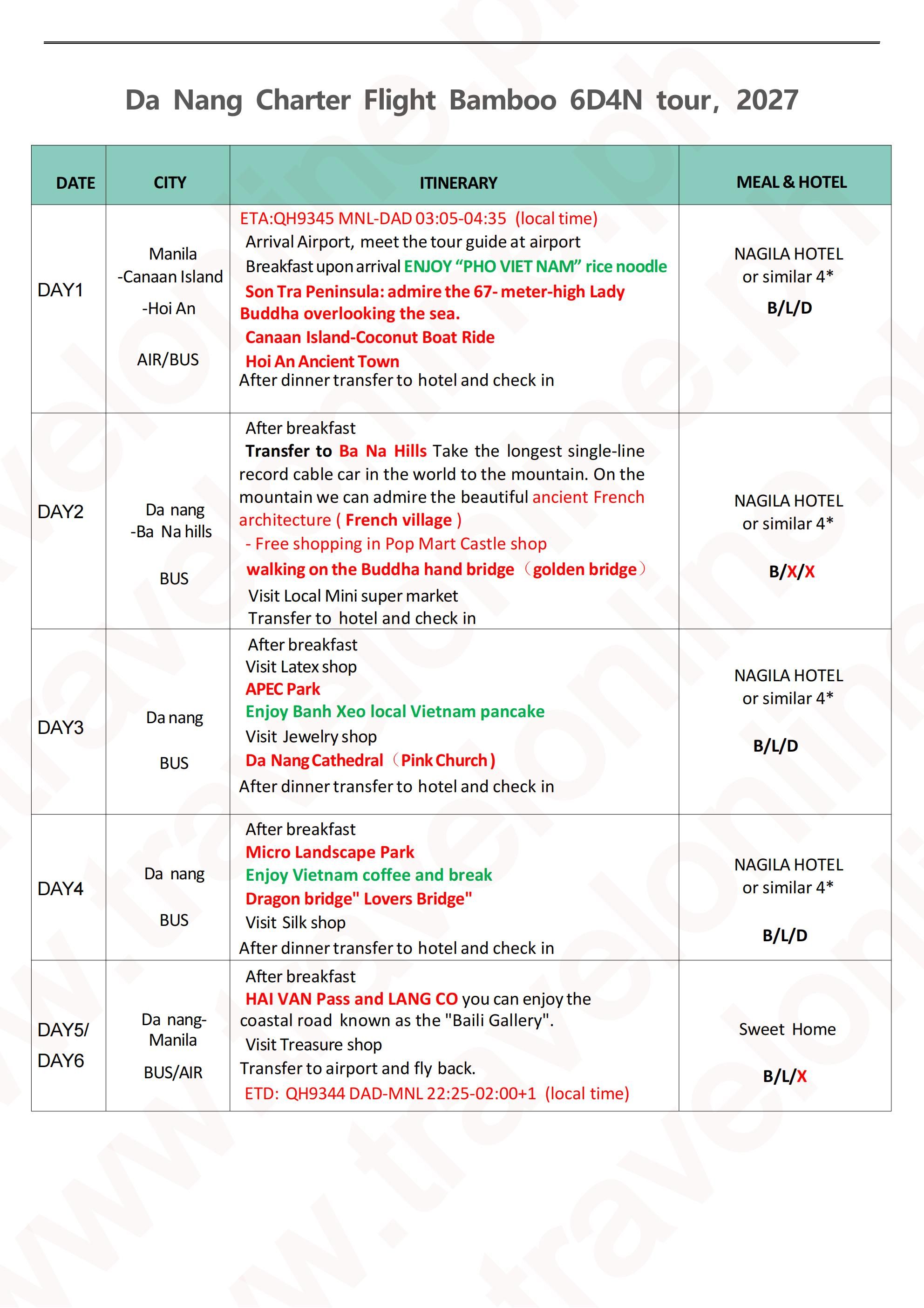 MNL-Danang-Charter Flight Bamboo 6D4N tour, 2027A: AS LOW AS ₱25888/PAX itinerary