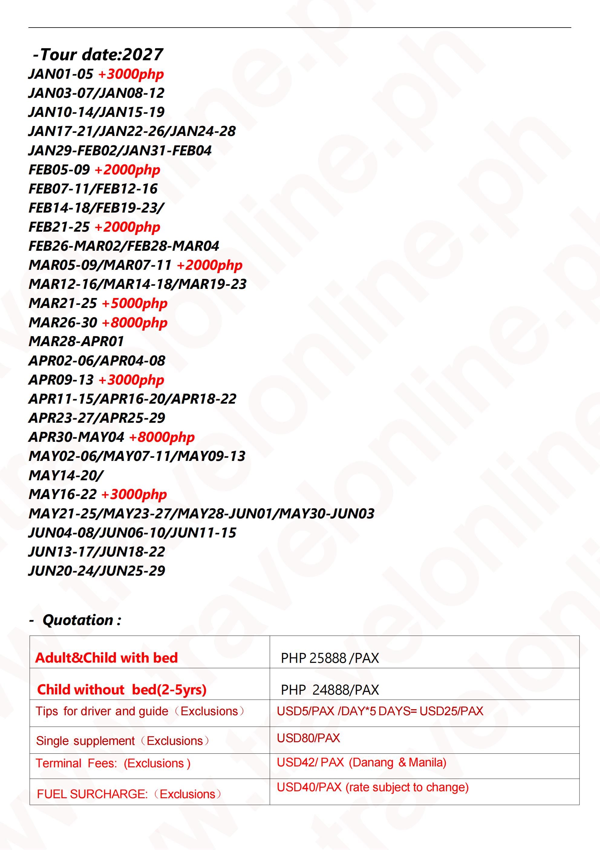 MNL-Danang-Charter Flight Bamboo 6D4N tour, 2027A: AS LOW AS ₱25888/PAX itinerary