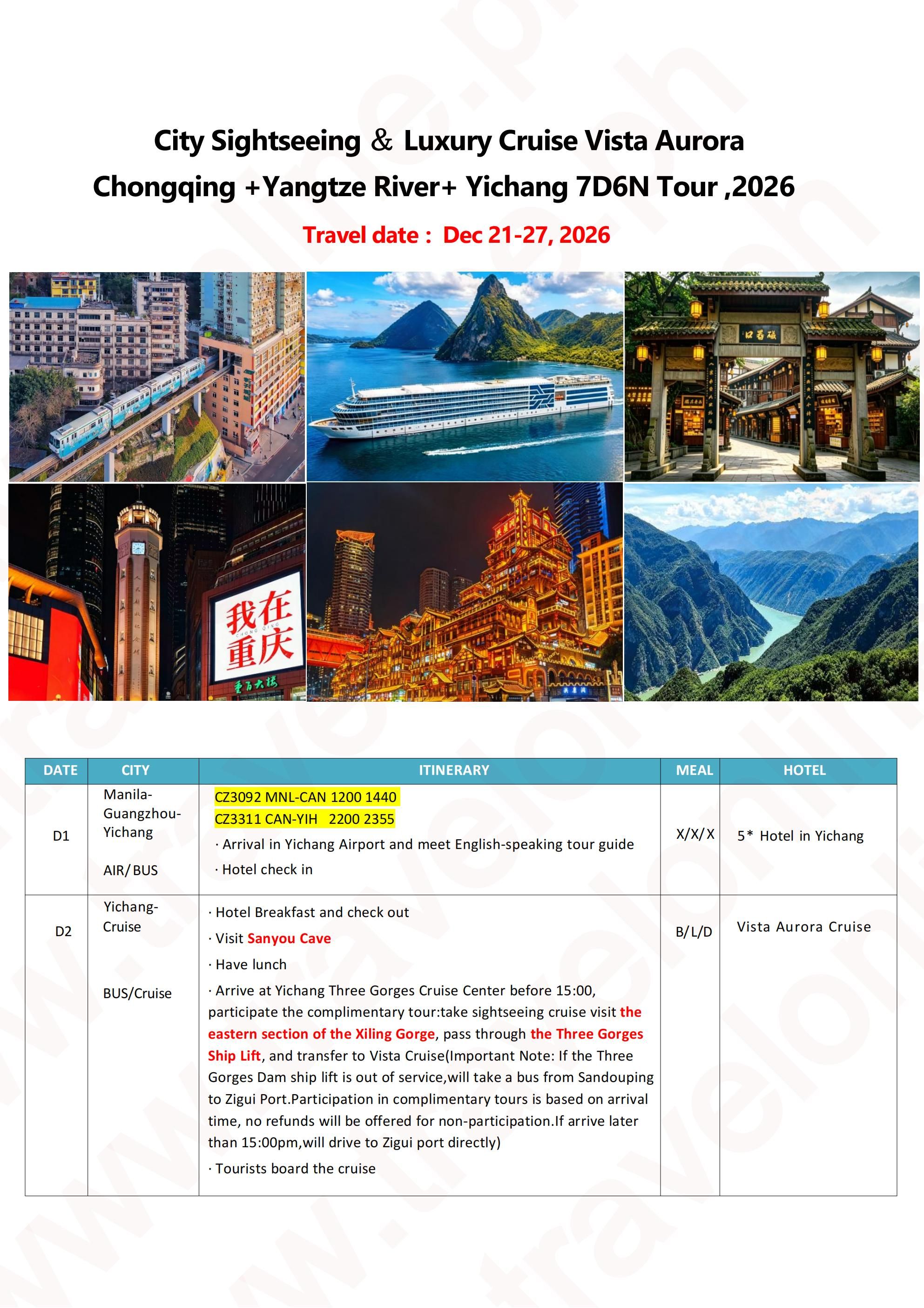 Manila-Chongqing +Yangtze River+ Vista Aurora Cruise(via Guangzhou)7D6N,2026: AS LOW AS  $2199/PAX itinerary