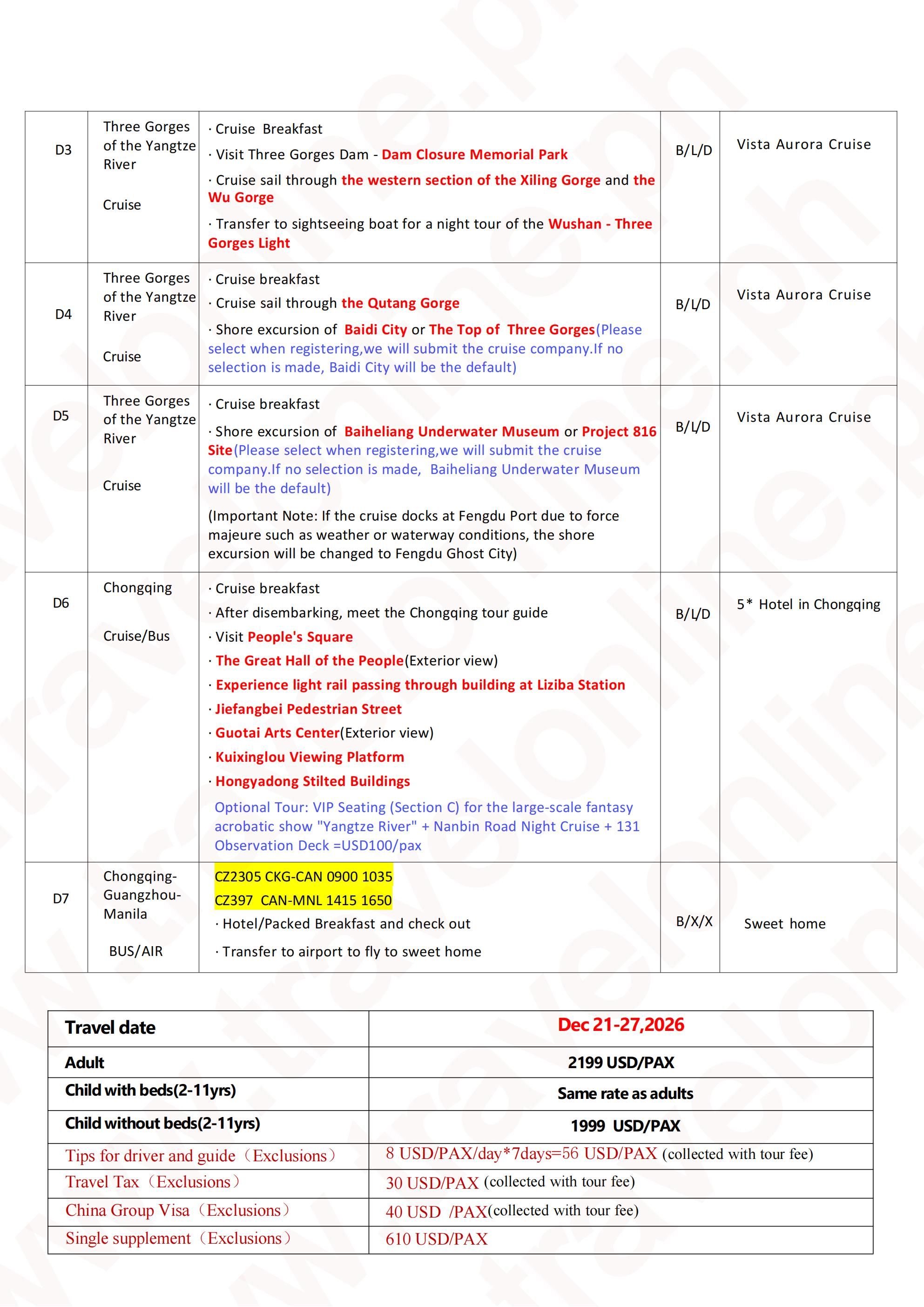 Manila-Chongqing +Yangtze River+ Vista Aurora Cruise(via Guangzhou)7D6N,2026: AS LOW AS  $2199/PAX itinerary