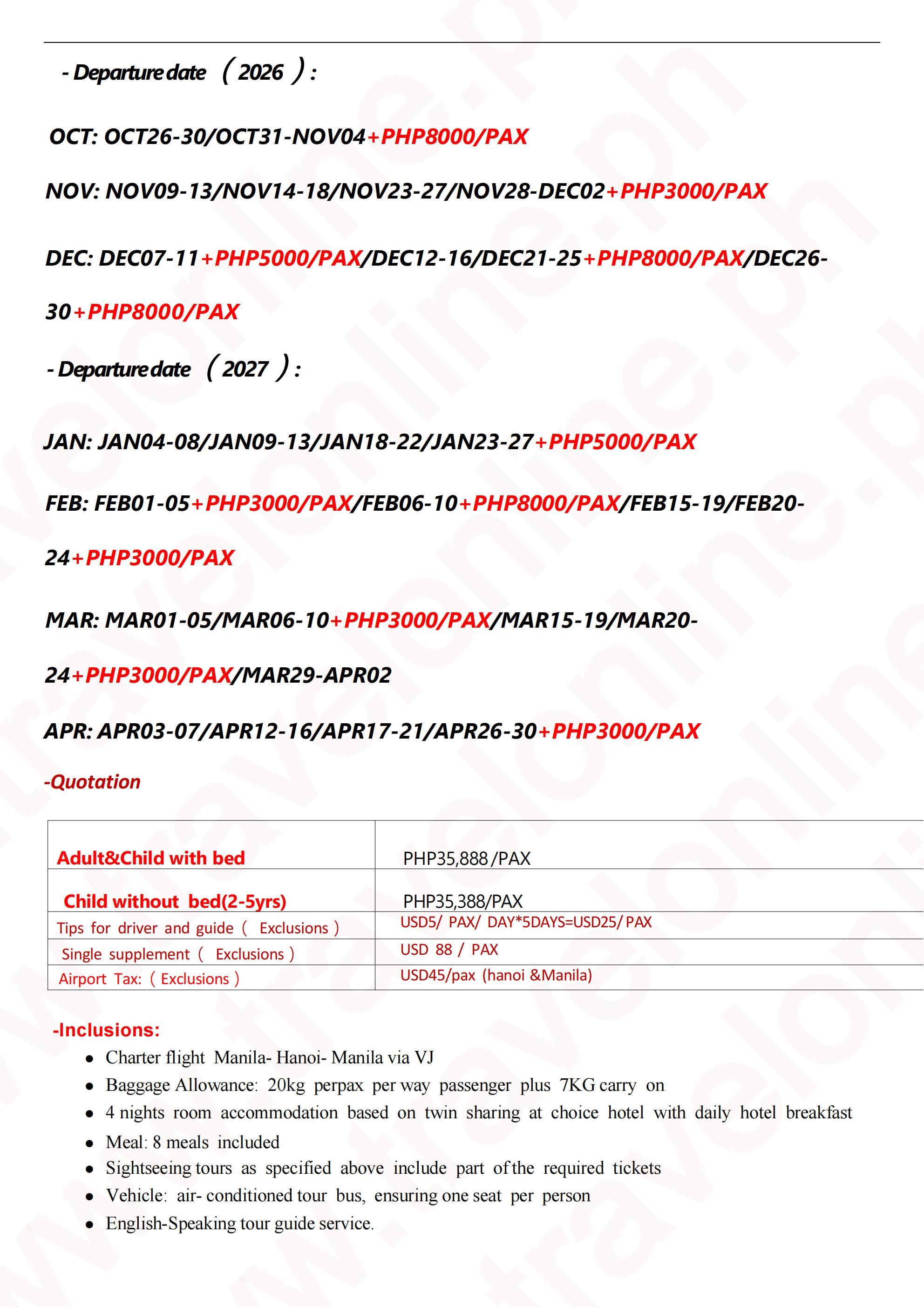 Hanoi+Sapa+Ha Long Bay Charter Flight 6D4N, 2026-27: AS LOW AS ₱35888/PAX itinerary