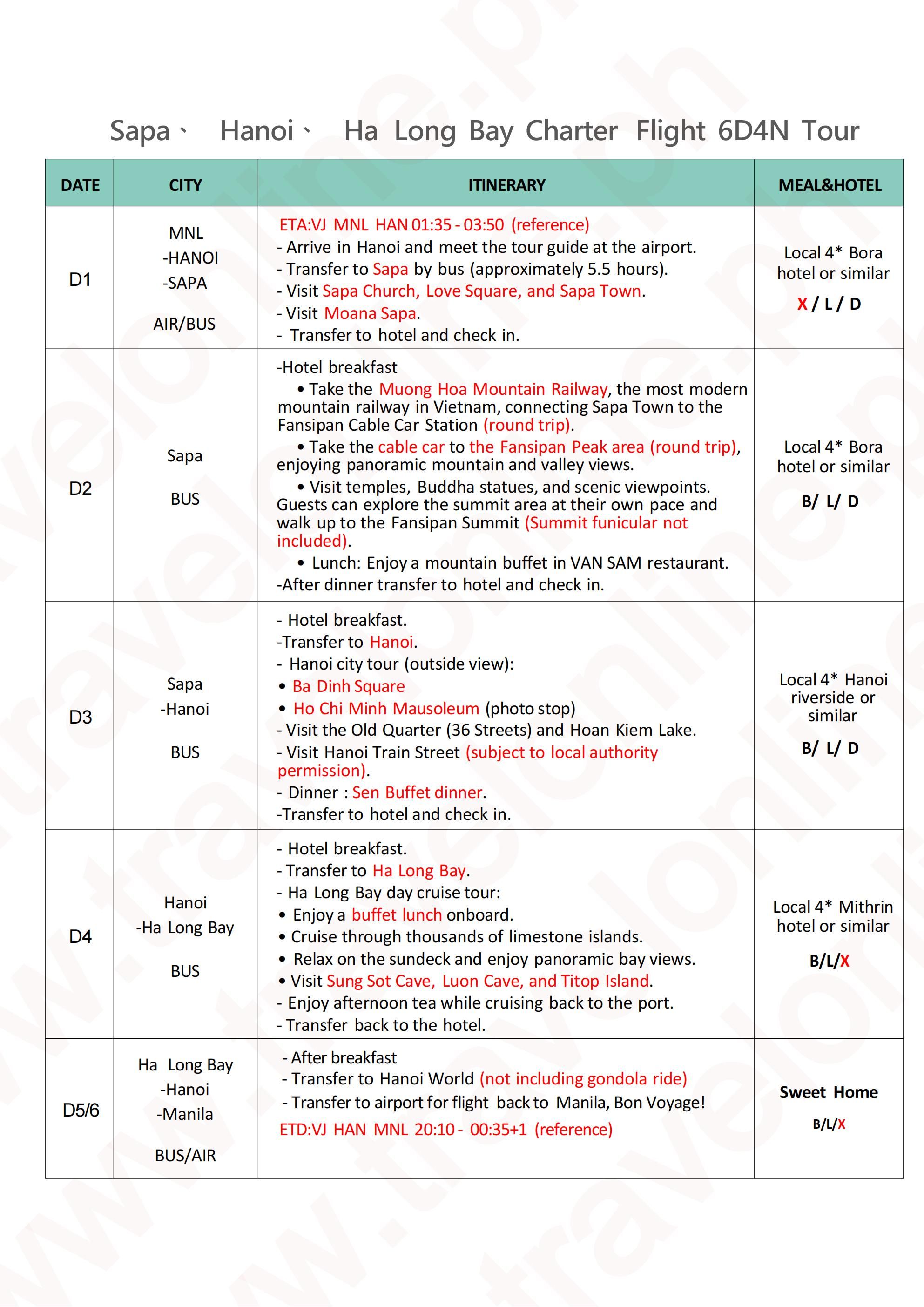 Hanoi+Sapa+Ha Long Bay Charter Flight 6D4N, 2026-27: AS LOW AS ₱35888/PAX itinerary