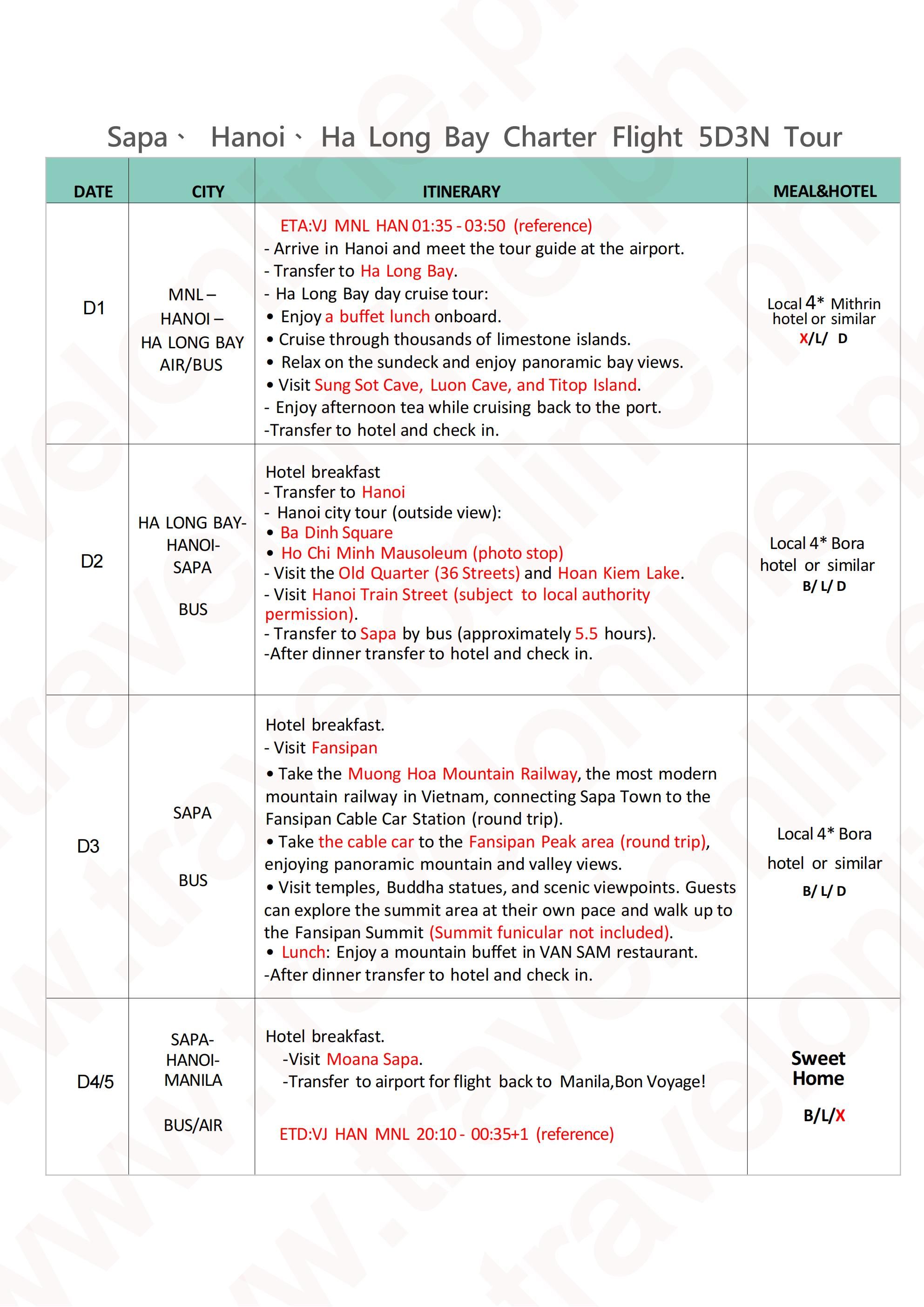 Hanoi+Sapa+Ha Long Bay Charter Flight -5D3N-2026-27: AS LOW AS  ₱32888/PAX itinerary
