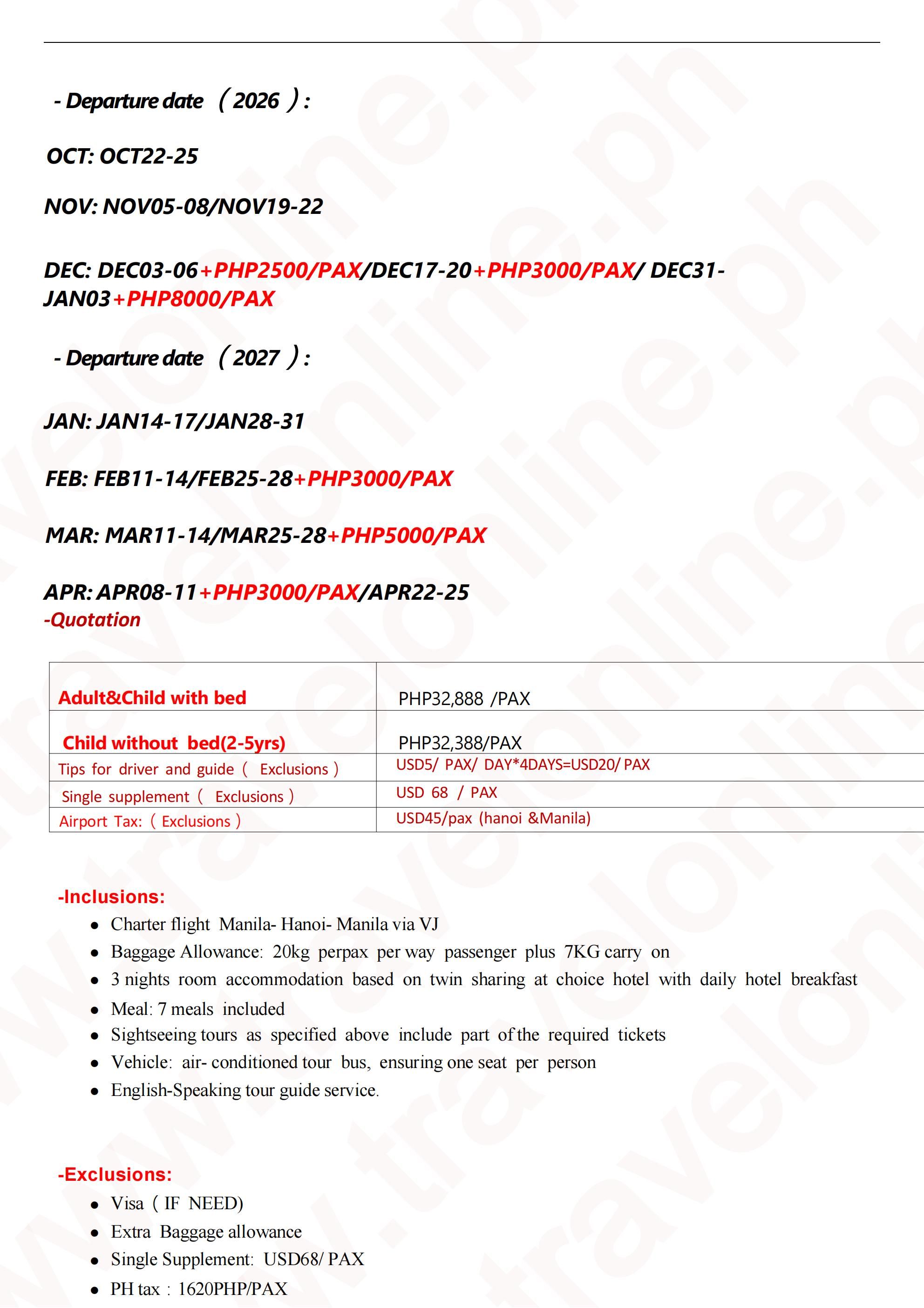 Hanoi+Sapa+Ha Long Bay Charter Flight -5D3N-2026-27: AS LOW AS  ₱32888/PAX itinerary