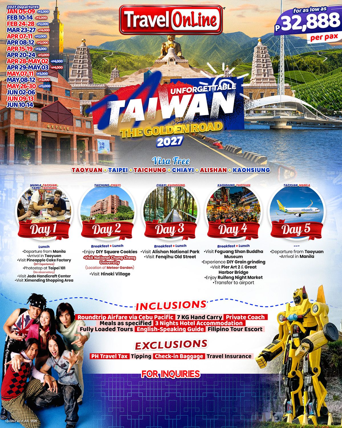 TAIWAN (Unforgettable Taiwan The Golden Road) 2027 : AS LOW AS ₱32888/PAX promo image