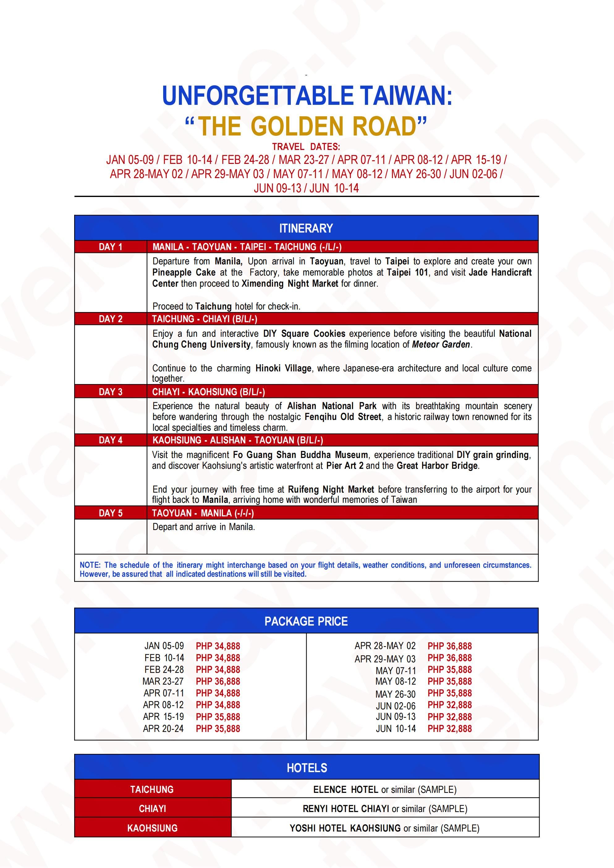 TAIWAN (Unforgettable Taiwan The Golden Road) 2027 : AS LOW AS ₱32888/PAX itinerary
