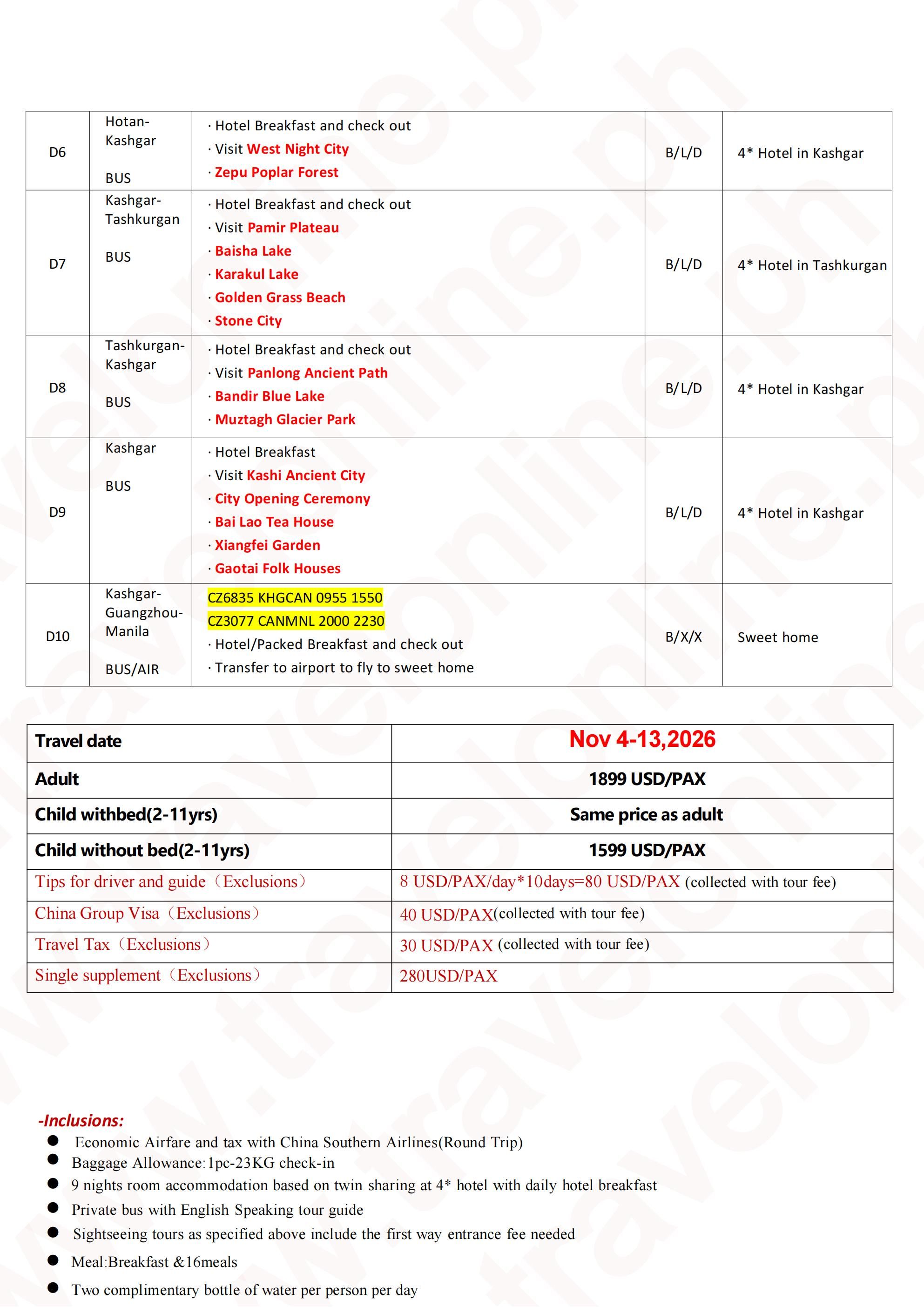 Manila-Southern Xinjiang 10D9N,2026: AS LOW AS $1899/PAX itinerary