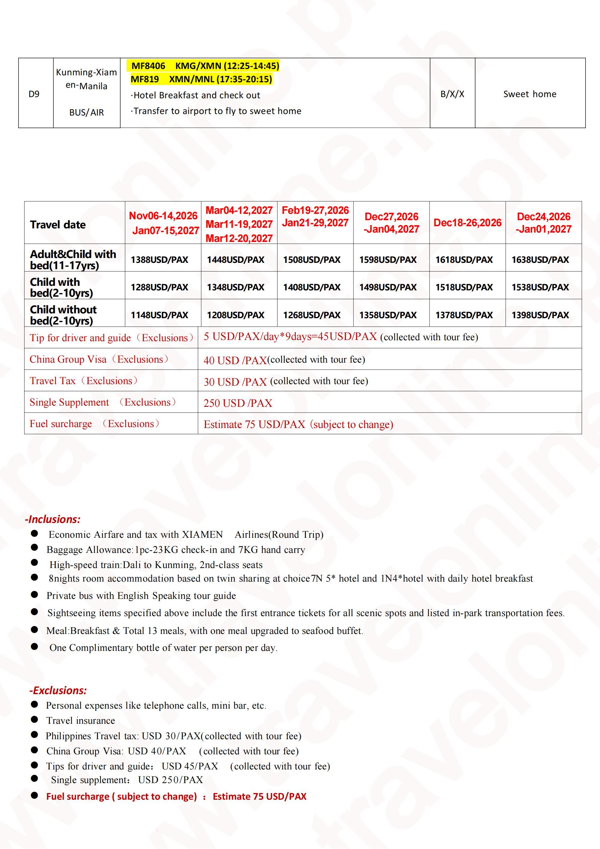 Charming Yunnan 9D8N Tour (NO Shopping）MF: AS LOW AS $1388/PAX itinerary